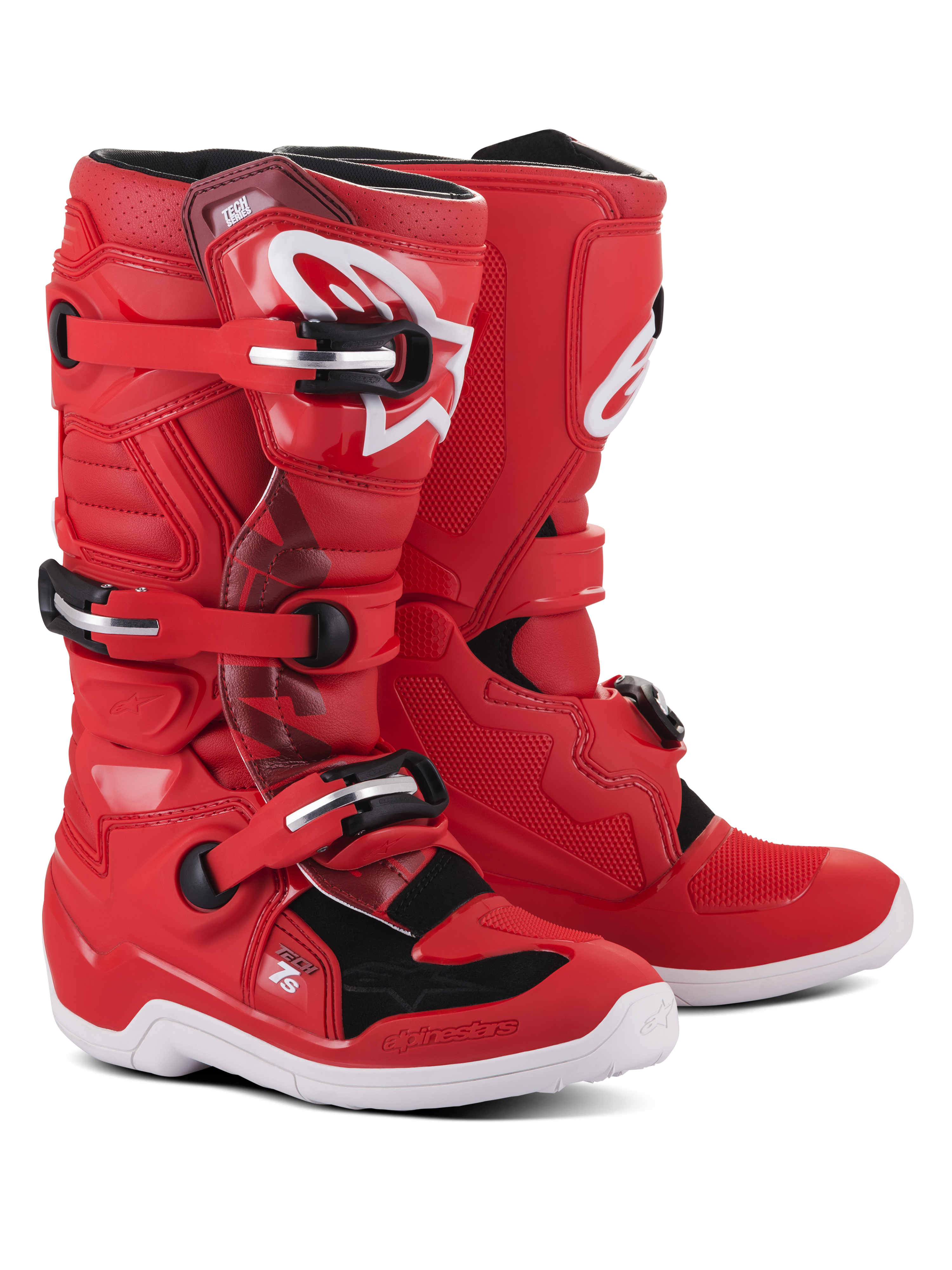 Alpinestars Youth Tech 7S Stiefel, Rote Motocross-Stiefel mit weißen und schwarzen Akzenten, Dreifach-Schnallenverschlusssystem, weißes Alpinestars-Logo auf dem Schienbein, strapazierfähige weiße Sohle