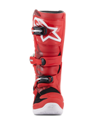 Alpinestars Youth Tech 7S Stiefel, Jugend-Motocross-Stiefel, Rot, mit weißem Stern-Logo auf dem Schienbein, schwarz-silbernem Schnallensystem, weißer Sohle, strapazierfähige Konstruktion für den Geländeeinsatz, Frontansicht