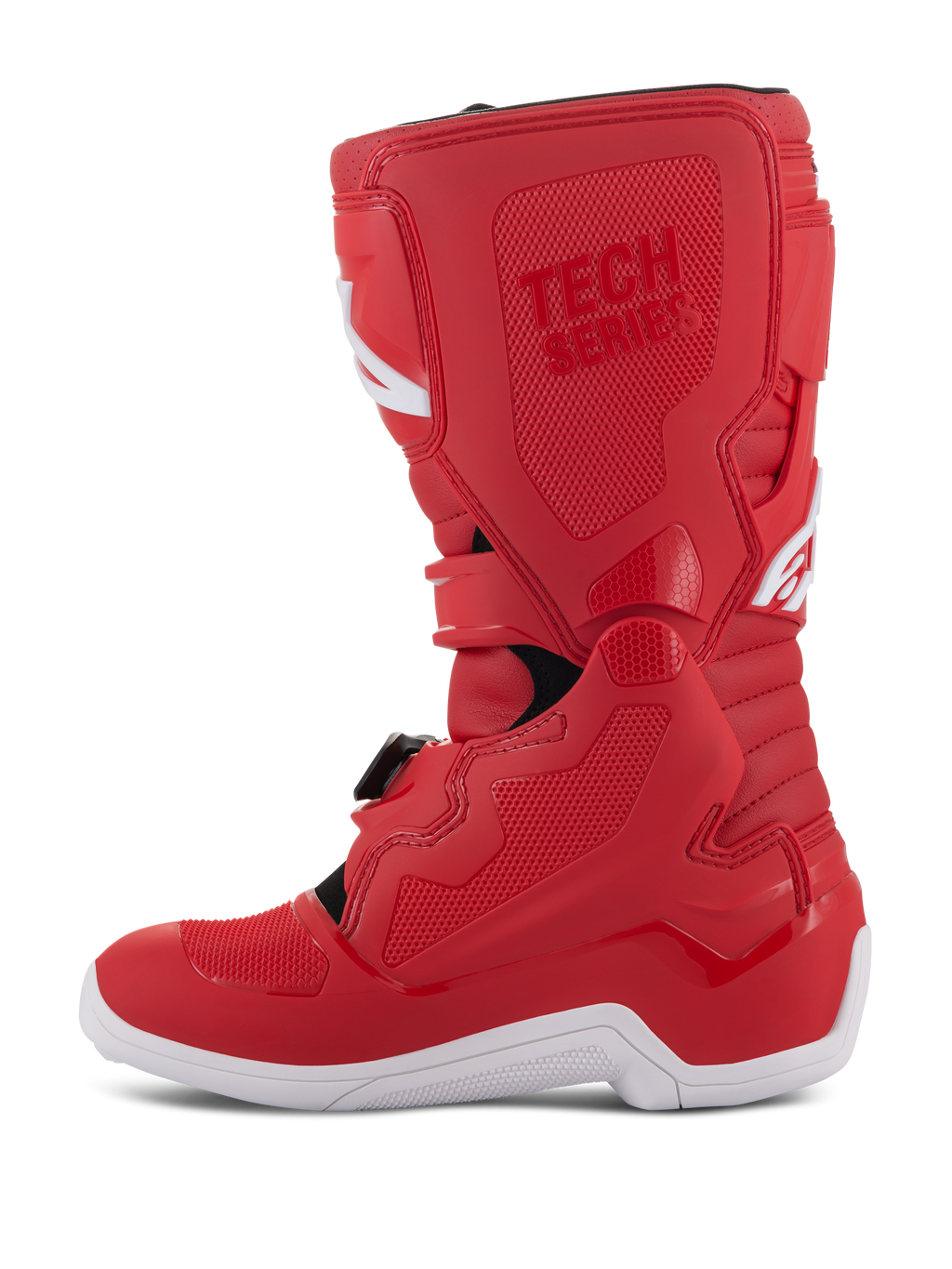 Alpinestars Youth Tech 7S Stiefel, Jugend-Motocross-Stiefel, Rot, mit weißer Sohle, TPU-verstärkten Paneelen, mehreren Schnallenverschlüssen und 'TECH SERIES'-Branding, entworfen für jugendliche Offroad-Fahrer