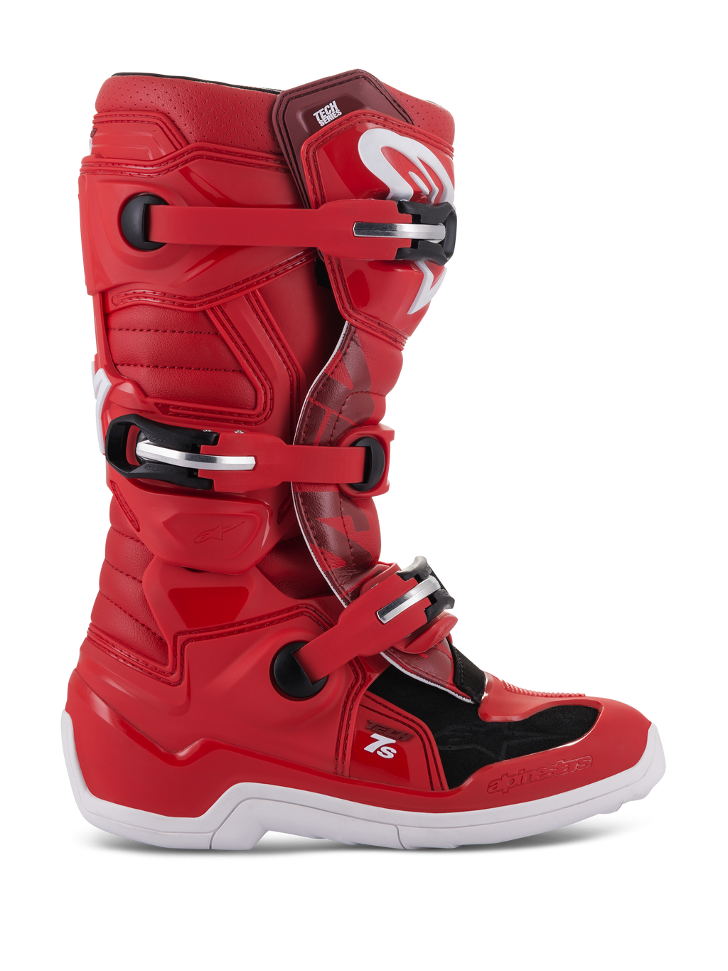 Alpinestars Youth Tech 7S Stiefel, Motocross-Offroad-Stiefel, Rot mit schwarzen und weißen Akzenten, Mehrfaches Schnallenverschlusssystem, Strukturierte Schutzpaneele, Weiße Sohle, Verstärkte Struktur für jugendliche Fahrer