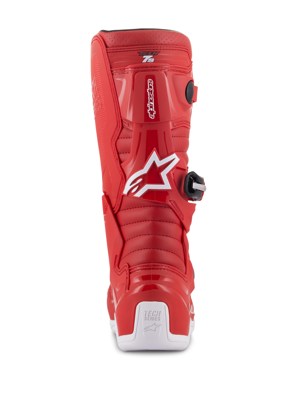 Alpinestars Youth Tech 7S Stiefel, rote Motocross-Stiefel, Rückansicht mit weißem Alpinestars-Logo und Fersenschutz, gerippte Flexzonen, schützende TPU-Konstruktion für den Jugend-Offroad-Rennsport