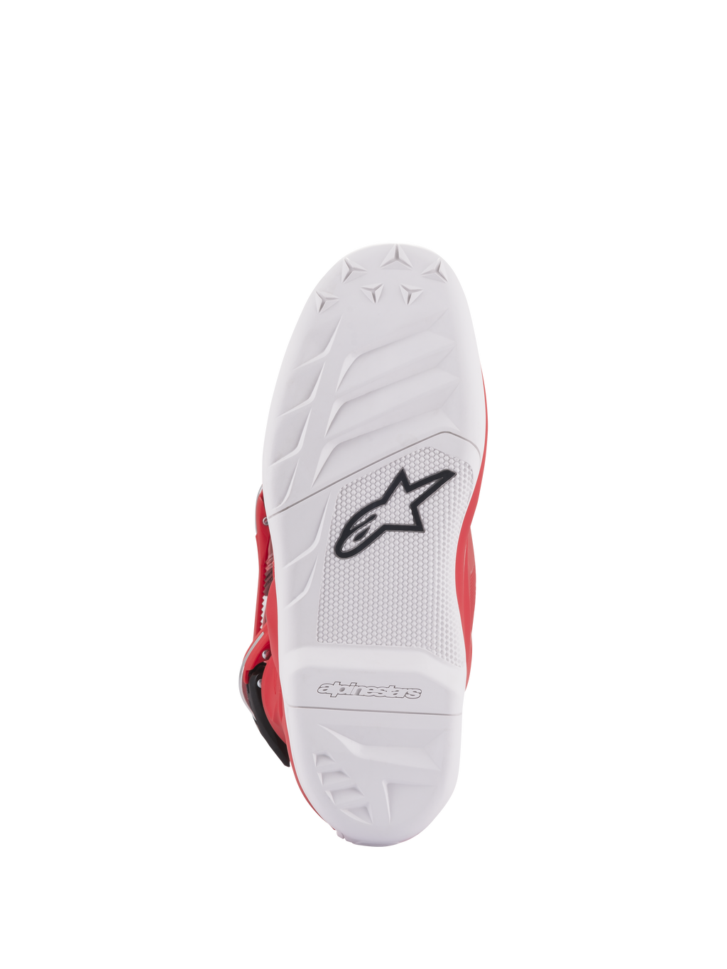Alpinestars Youth Tech 7S Stiefel, Sohlenansicht, weiße Verbundsohle mit schwarzem Stern-Logo, griffiges Gummiprofil für überlegene Haltbarkeit und Gefühl, geprägtes Alpinestars-Branding an der Ferse