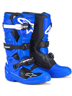 Alpinestars Youth Tech 7 S Boots, Motocross Boots, Blue Black and White, featuring a vibrant blue upper with black protective panels and white buckle accents, multi-strap closure system, durable racing spec design for off-road riding