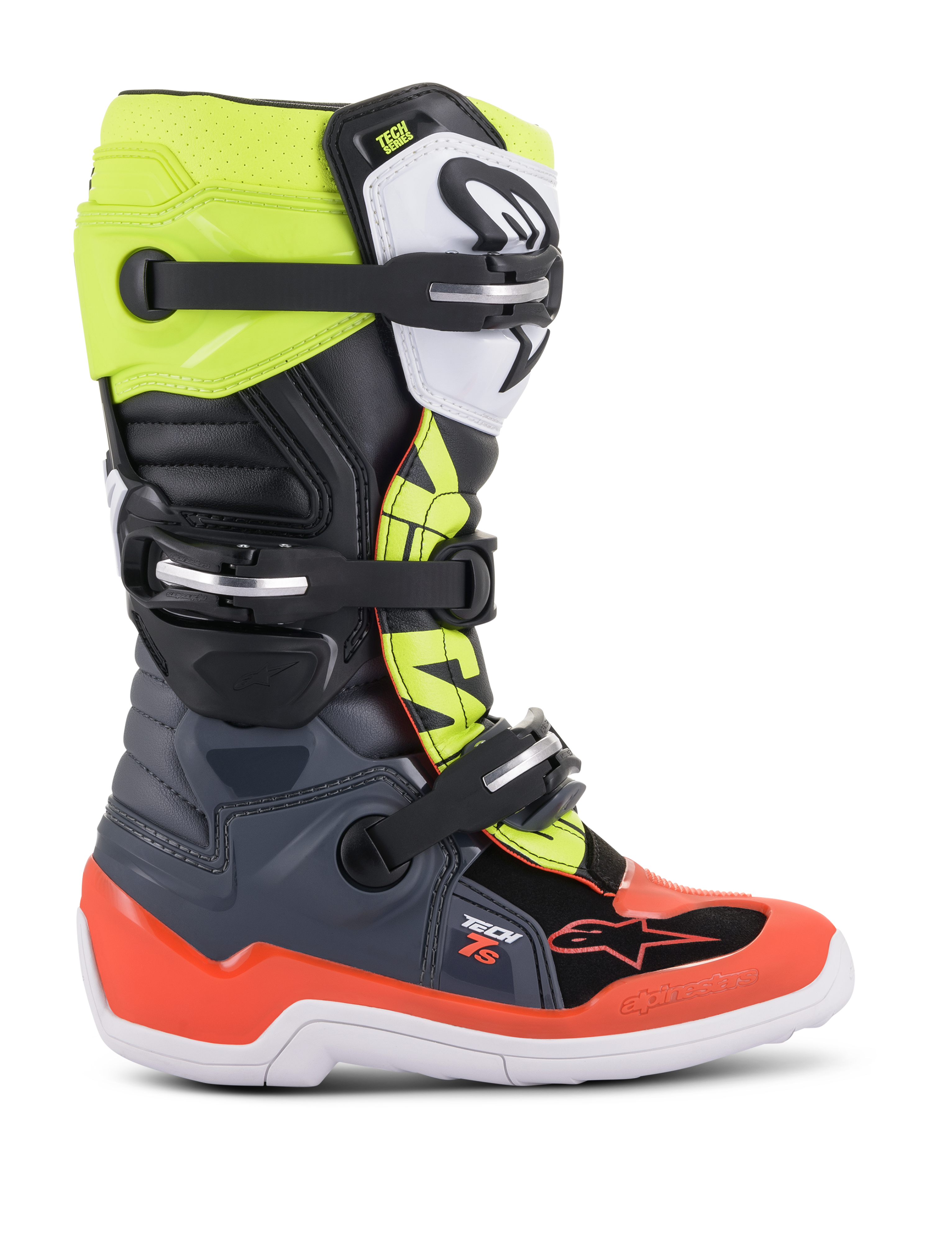 Alpinestars Youth Tech 7S Boots, Motocross Off-Road Boots, Dark Gray, Fluorescent Red and Fluorescent Yellow, featuring white sole and multiple buckle closures, rugged construction for junior riders