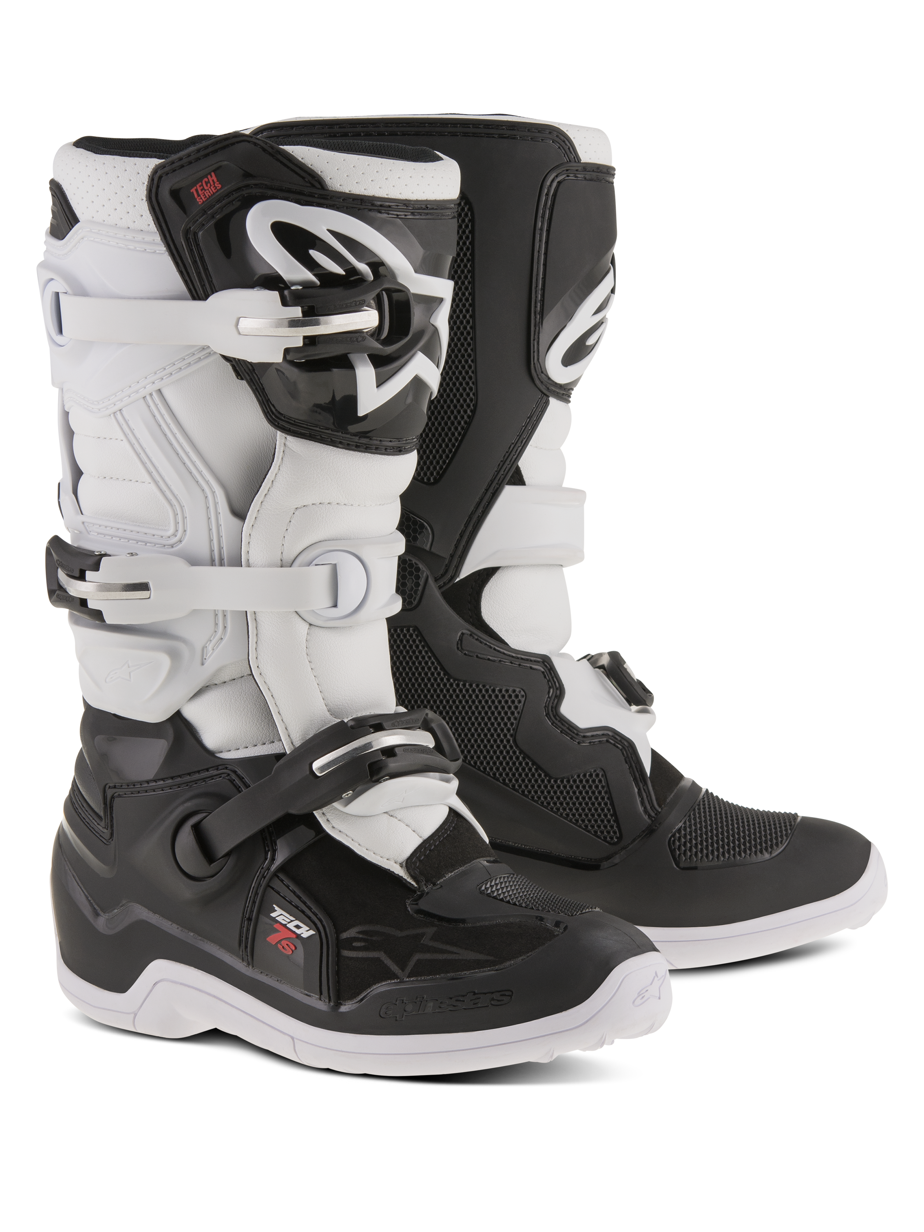 Alpinestars Youth Tech 7S Stiefel, Motocross-Stiefel, Schwarz und Weiß, verstellbares Schnallenverschlusssystem, TPU-Schienbeinschutz und Pivot-System, robuste Konstruktion mit dicken profilierten Sohlen für den Offroad-Einsatz
