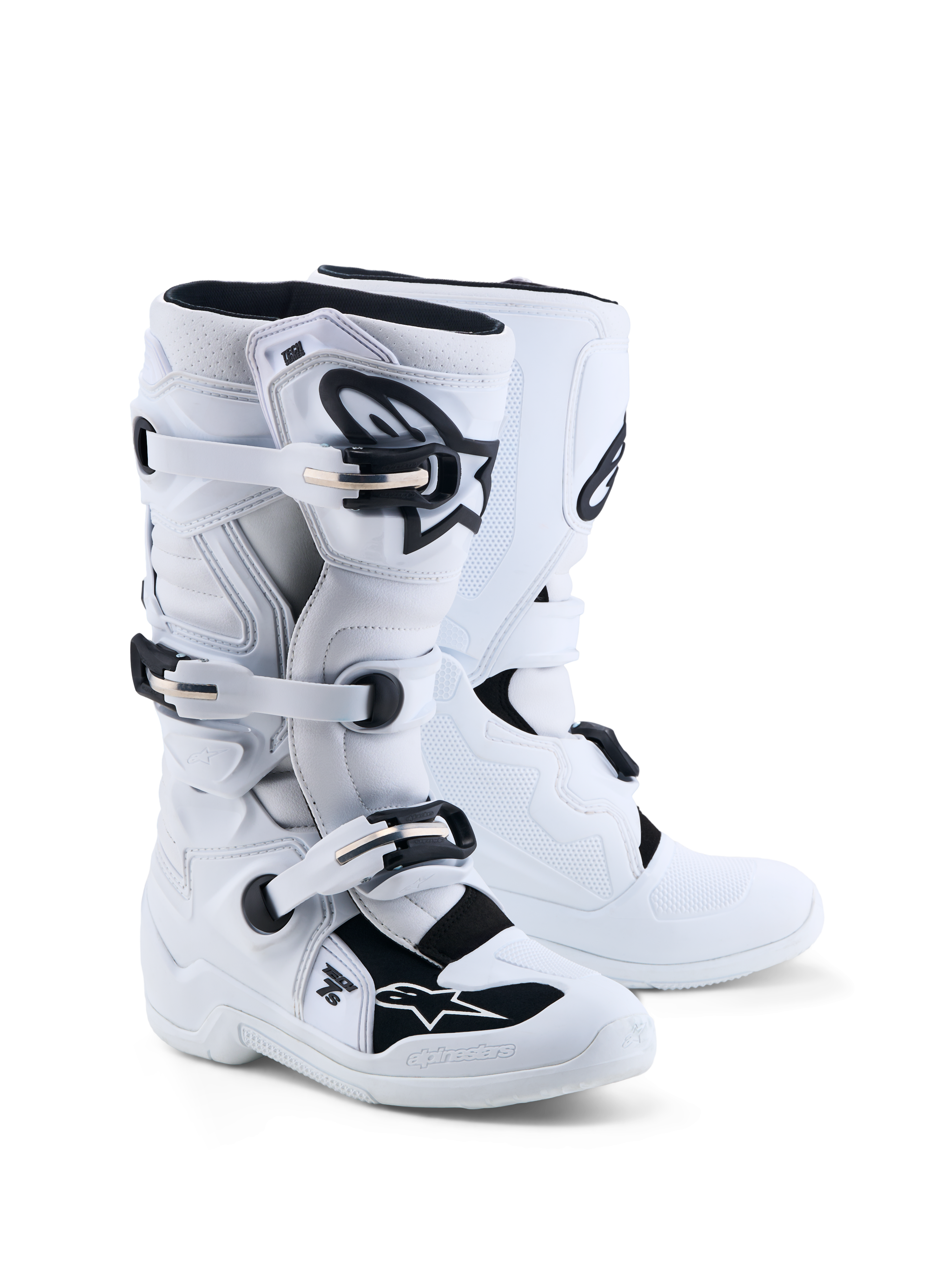 Alpinestars Tech 7S Jugend-Stiefel, Weiß und Schwarz, Motocross-Schutzausrüstung mit TPU-Platten und CE-Zertifizierung.