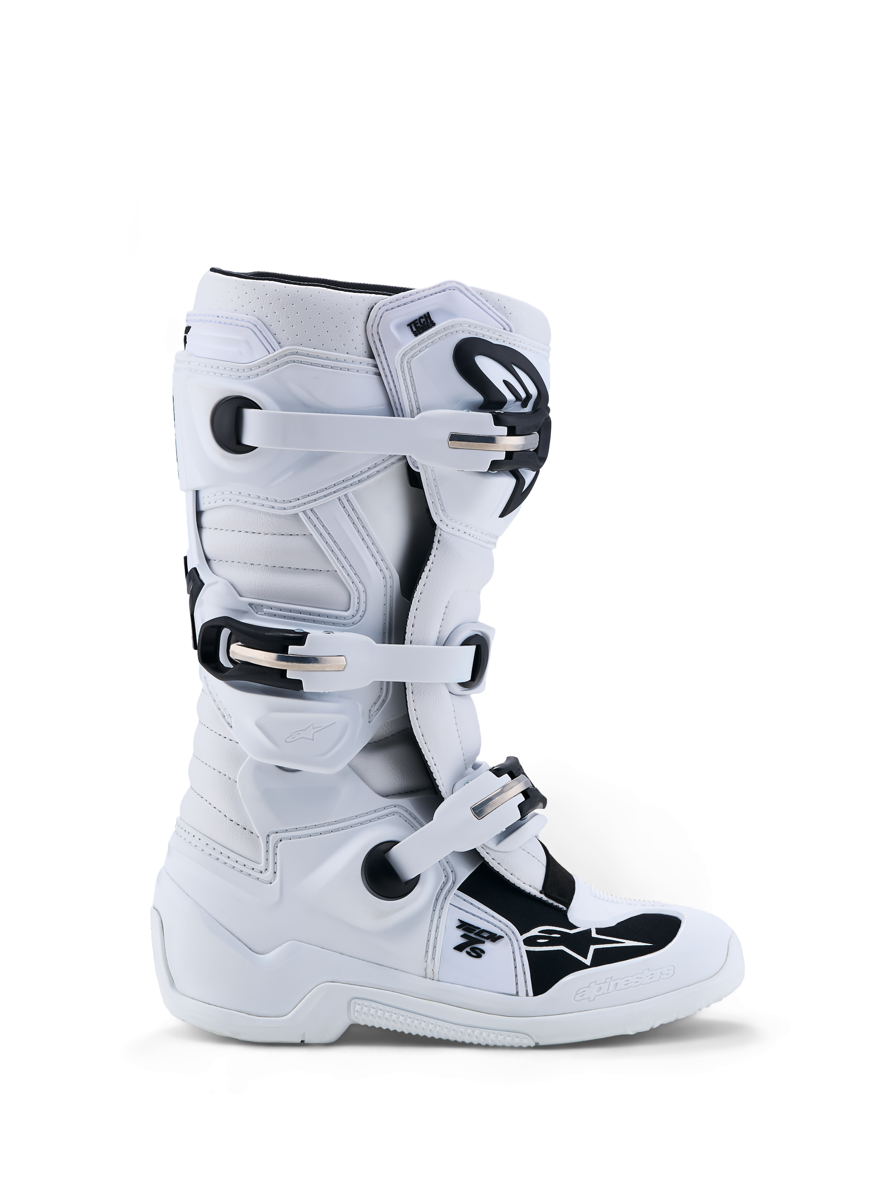 Alpinestars Tech 7S Jugend-Stiefel, Motocross-Stiefel für Kinder, Weiß und Schwarz, mit TPU-Schienbeinschutz und Schnallenverschlusssystem.