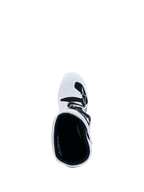 Alpinestars Tech 7S Jugend-Stiefel, Motocross, Weiß, Draufsicht mit schwarzer Innenpolsterung und weißer TPU-Schienbeinplatte.