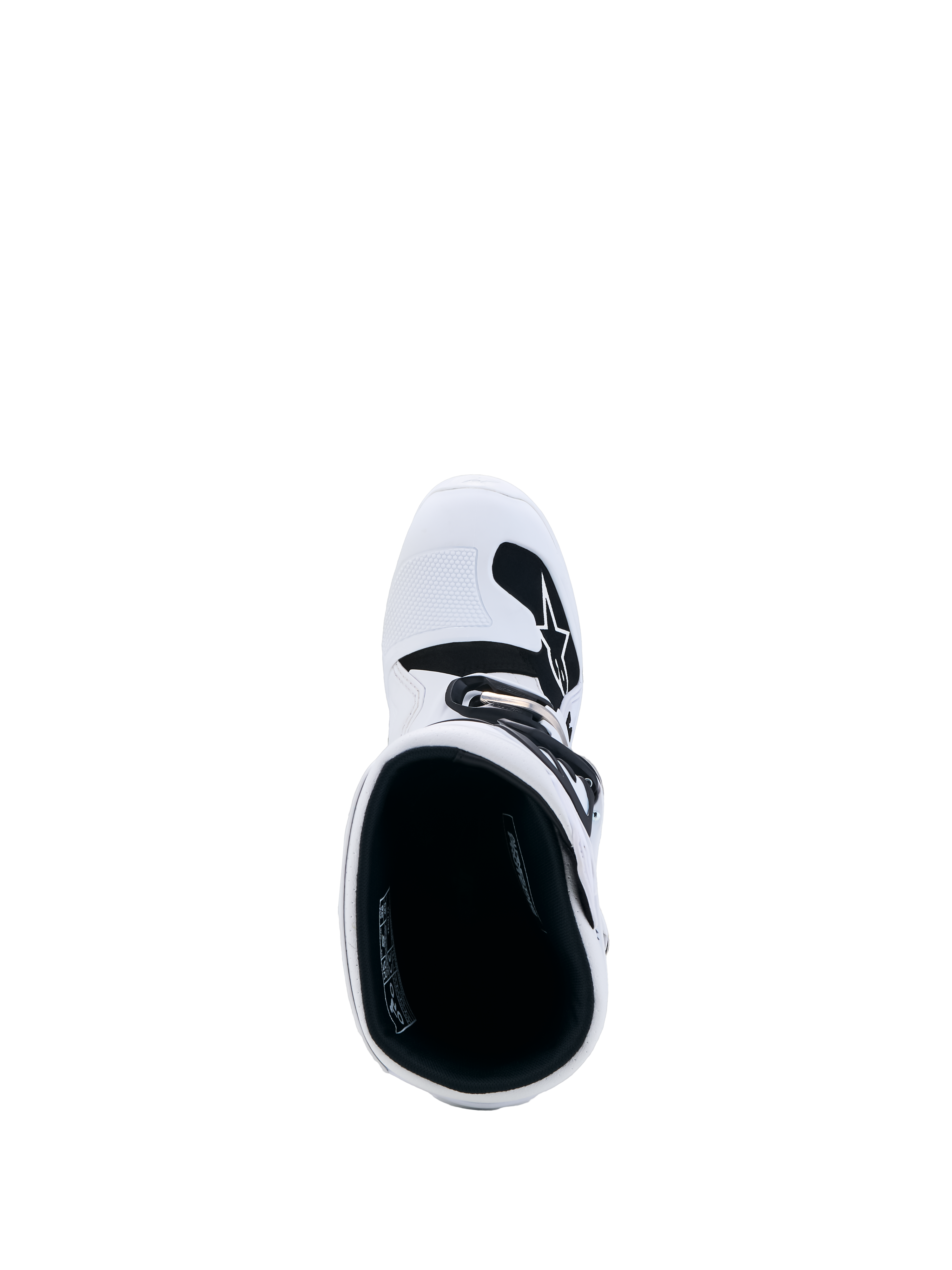 Alpinestars Tech 7S Jugend-Stiefel, Motocross, Weiß, Draufsicht mit schwarzer Innenpolsterung und weißer TPU-Schienbeinplatte.