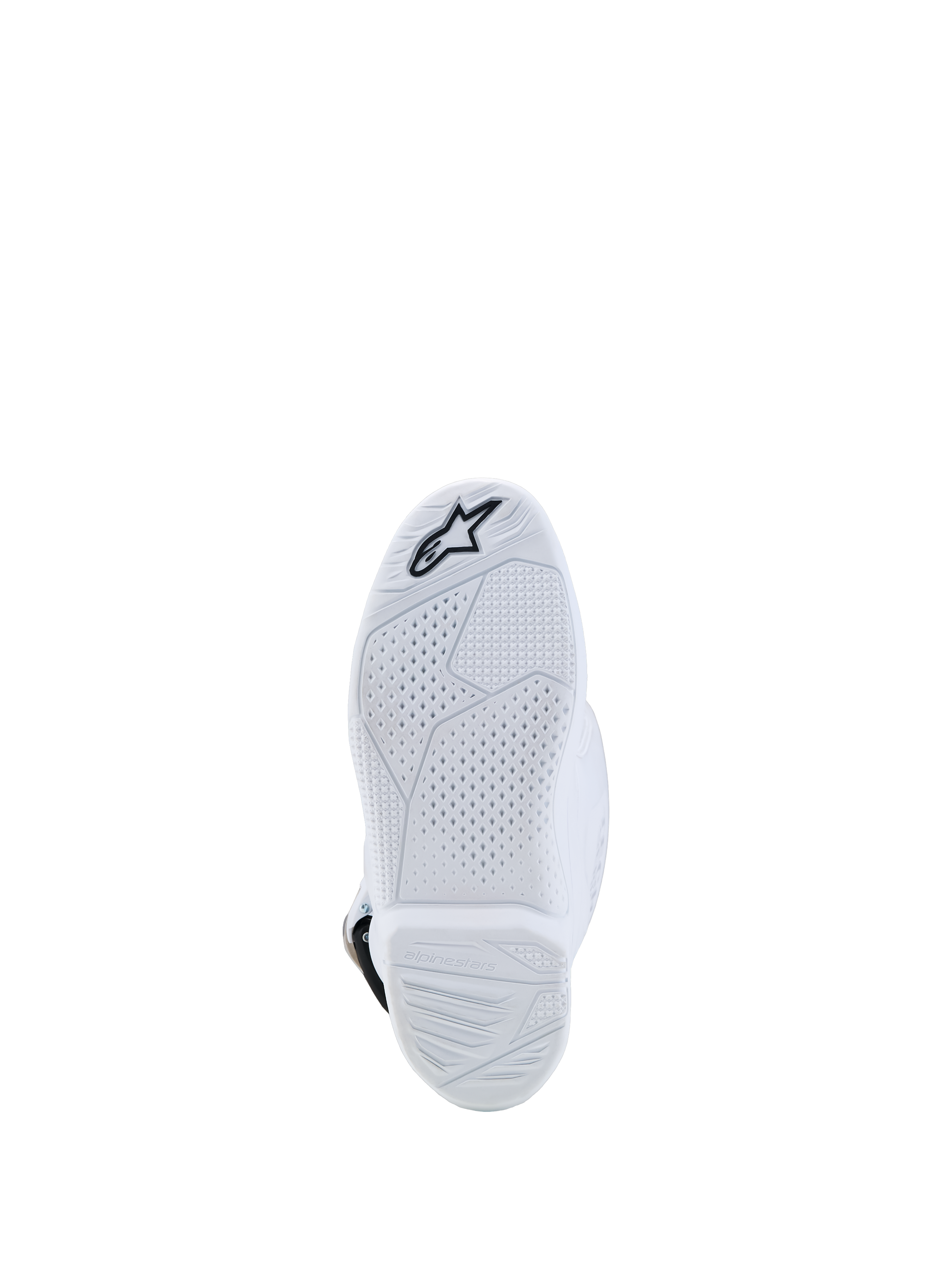 Alpinestars Tech 7S Jugend-Stiefel, Motocross, Weiß, Verbundsohle mit strukturiertem Profilmuster und schwarzem Stern-Logo.