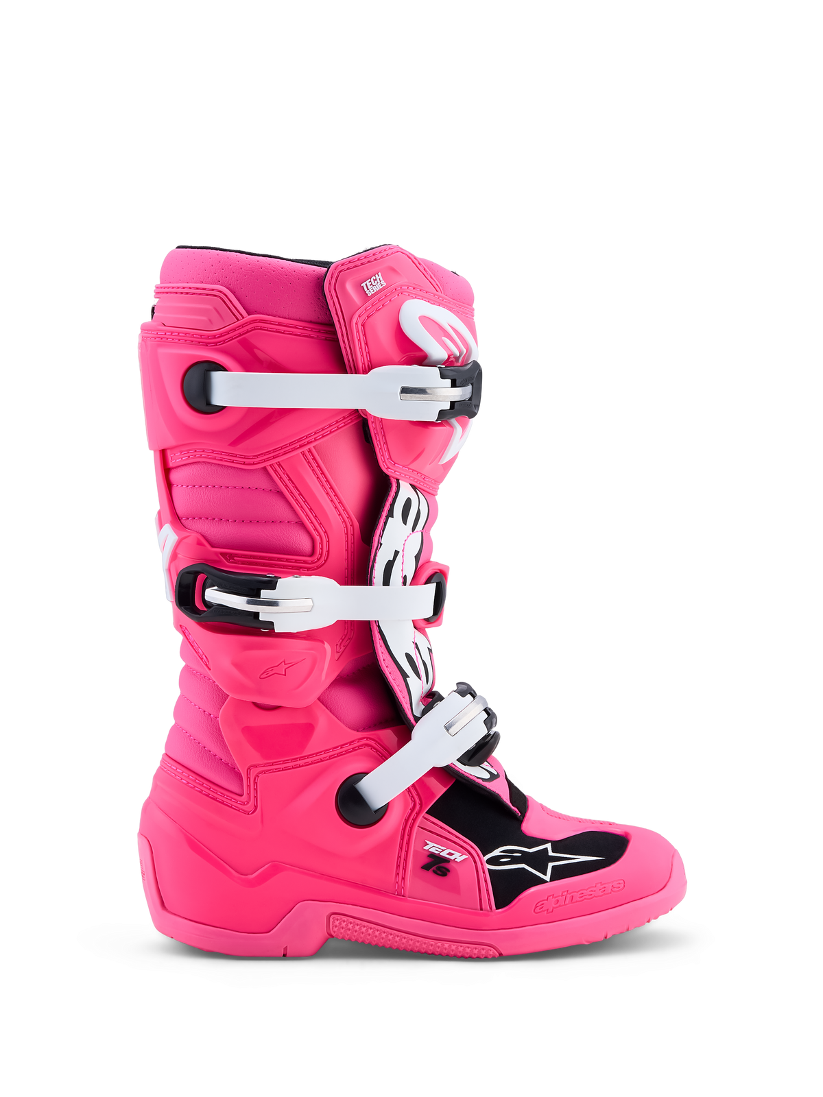 Alpinestars Tech 7S Jugend-Stiefel für Motocross, Fluo-Pink und Schwarz, mit weißen Schnallen und TPU-Schutz.