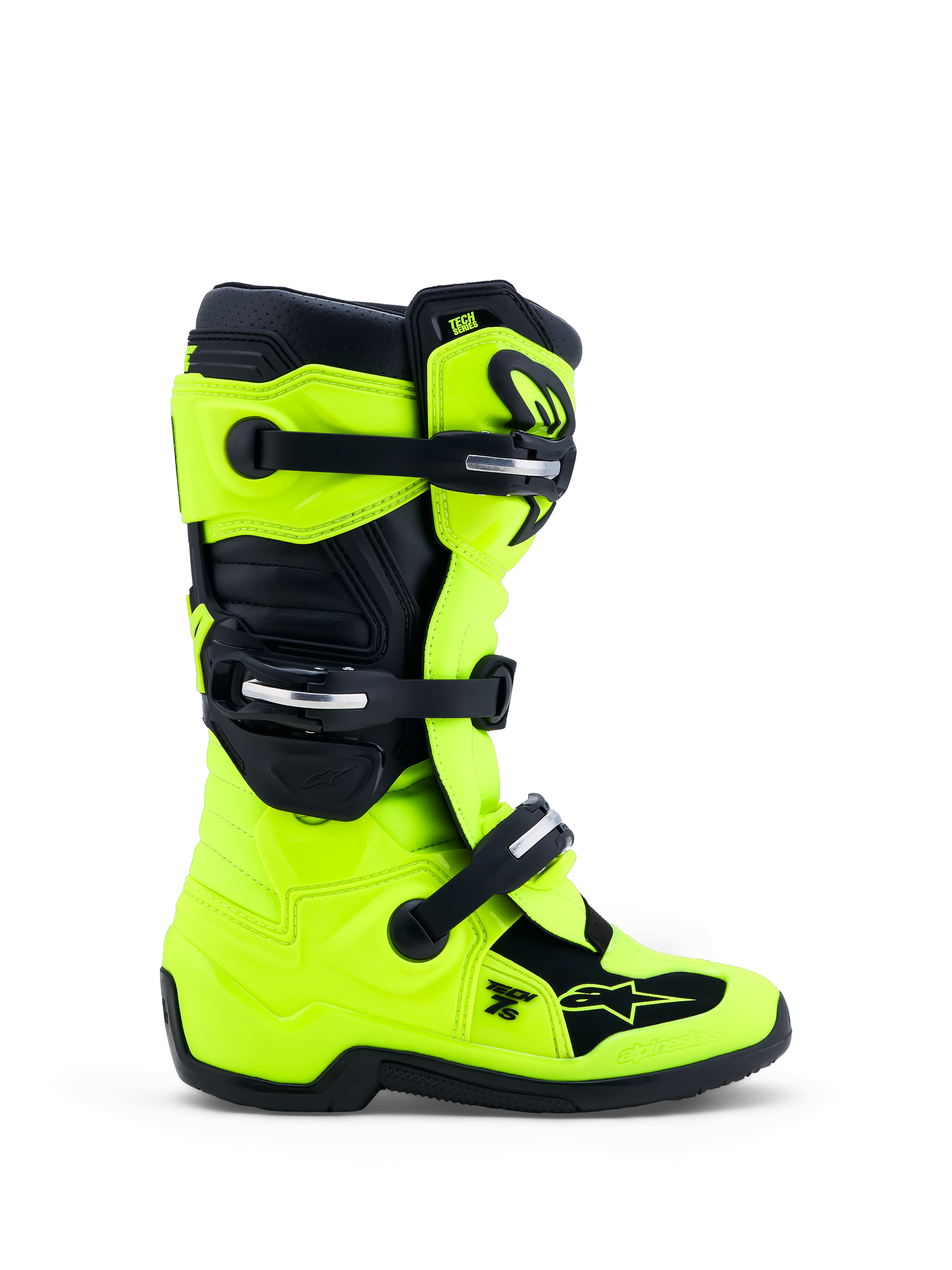 Alpinestars Tech 7S Jugend-Stiefel, Motocross, Fluorgelb und Schwarz, CE-zertifizierter TPU-Schutz, Schnallenverschlüsse.