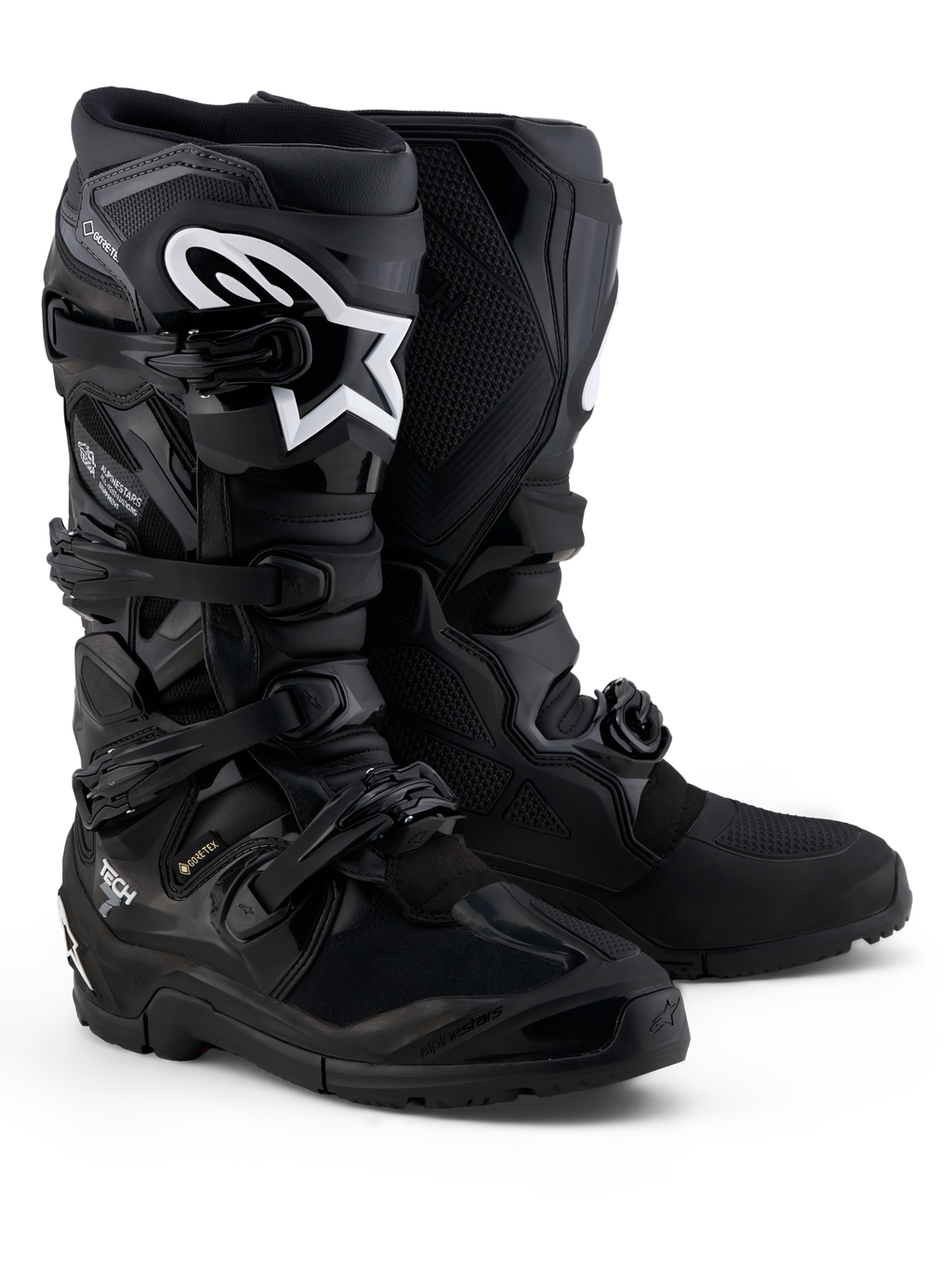 Alpinestars Tech 7 Enduro Gore-Tex Stiefel, wasserdichte Offroad-Motorradstiefel in Schwarz und Grau mit TPU-Schutzpanzerung.