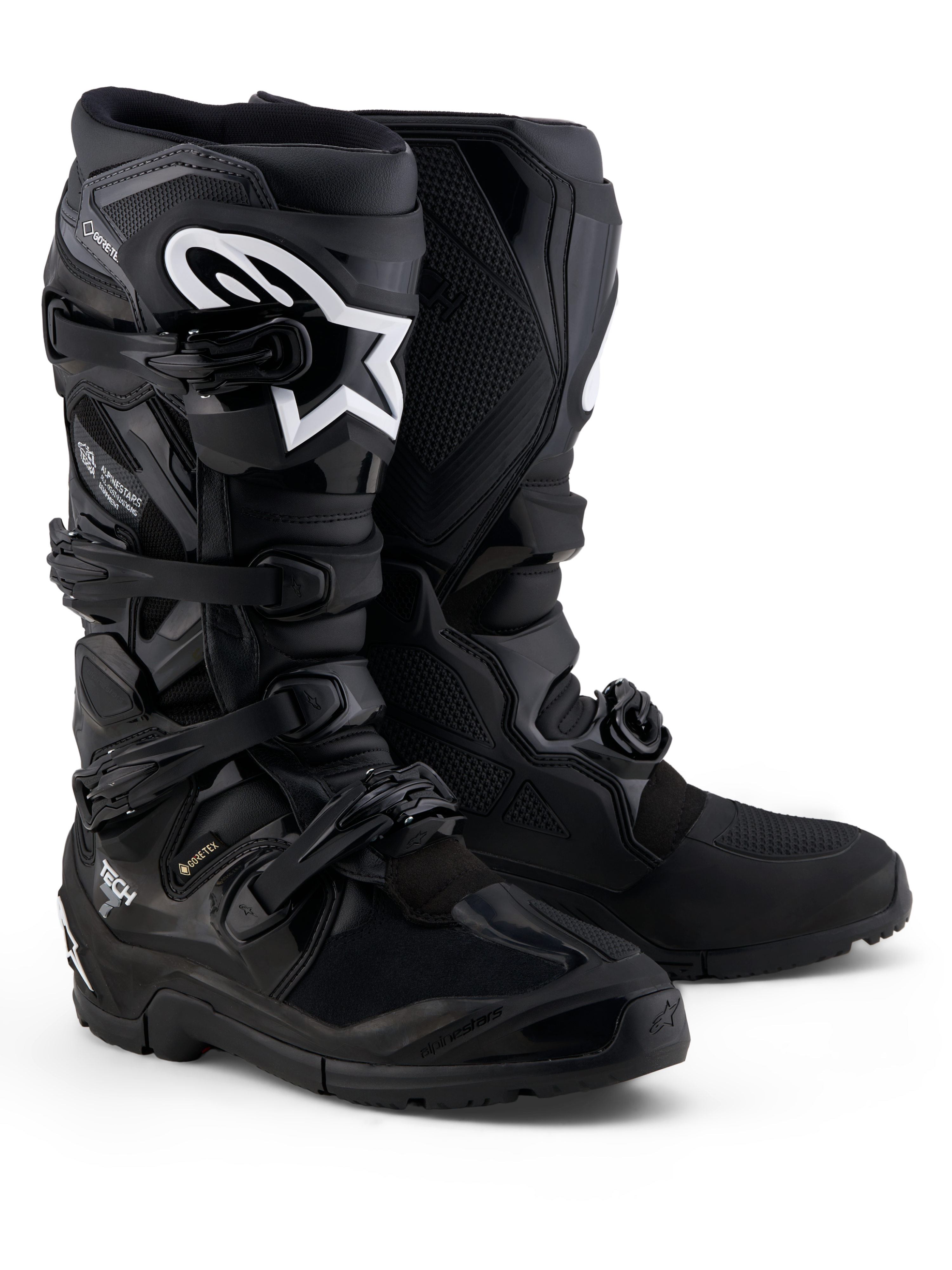 Alpinestars Tech 7 Enduro Gore-Tex Stiefel, wasserdichte Offroad-Motorradstiefel in Schwarz und Grau mit TPU-Schutzpanzerung.