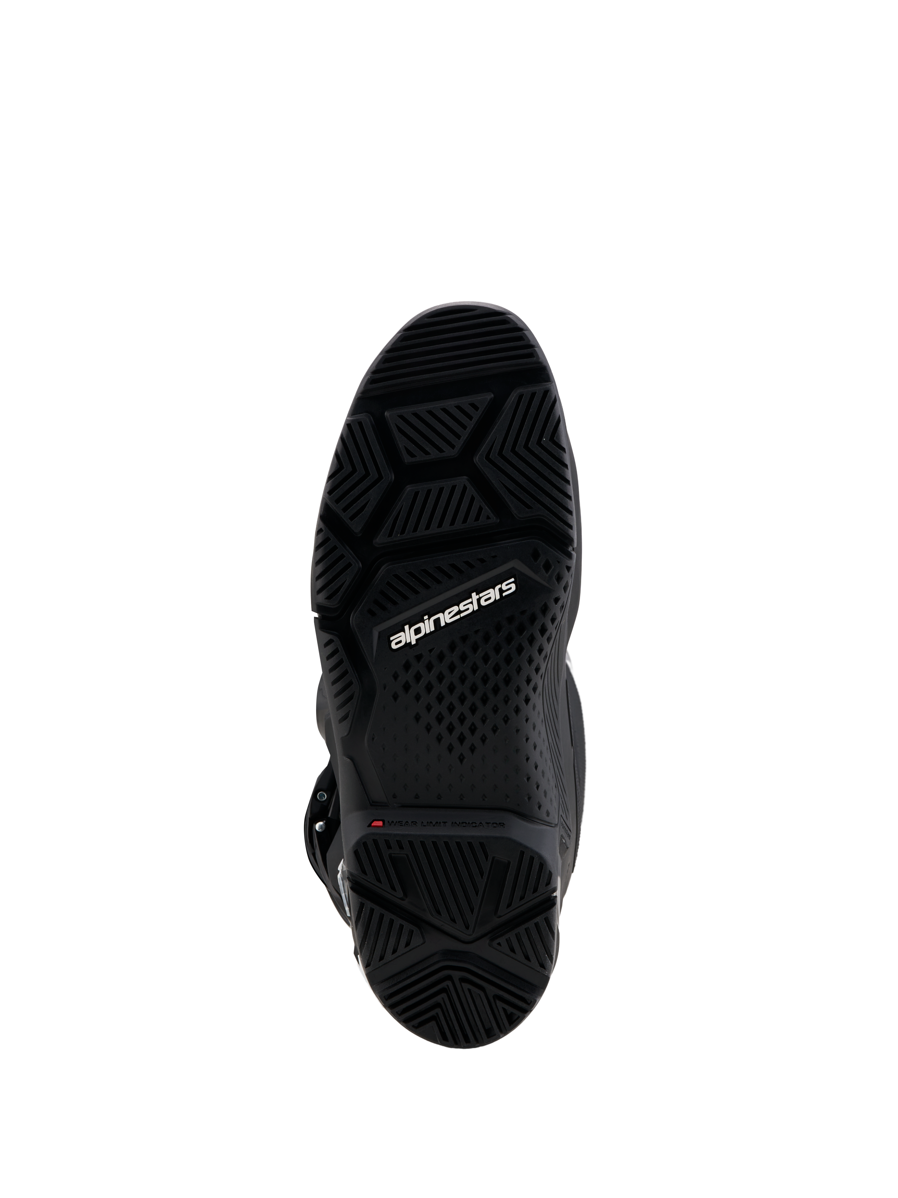 Alpinestars Tech 7 Enduro Gore-Tex Stiefel, schwarze Zweikomponenten-Sohle mit roter Verschleißanzeige und griffigem Profil.