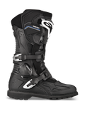 Alpinestars Toucan GORE-TEX Stiefel, Adventure-Touring-Motorradstiefel, Schwarz, Profilansicht mit zwei silbernen Aluminium-Schnallen, GORE-TEX-Branding, verstärkter Schienbeinschutz mit weißem Logo und robuster Profilsohle