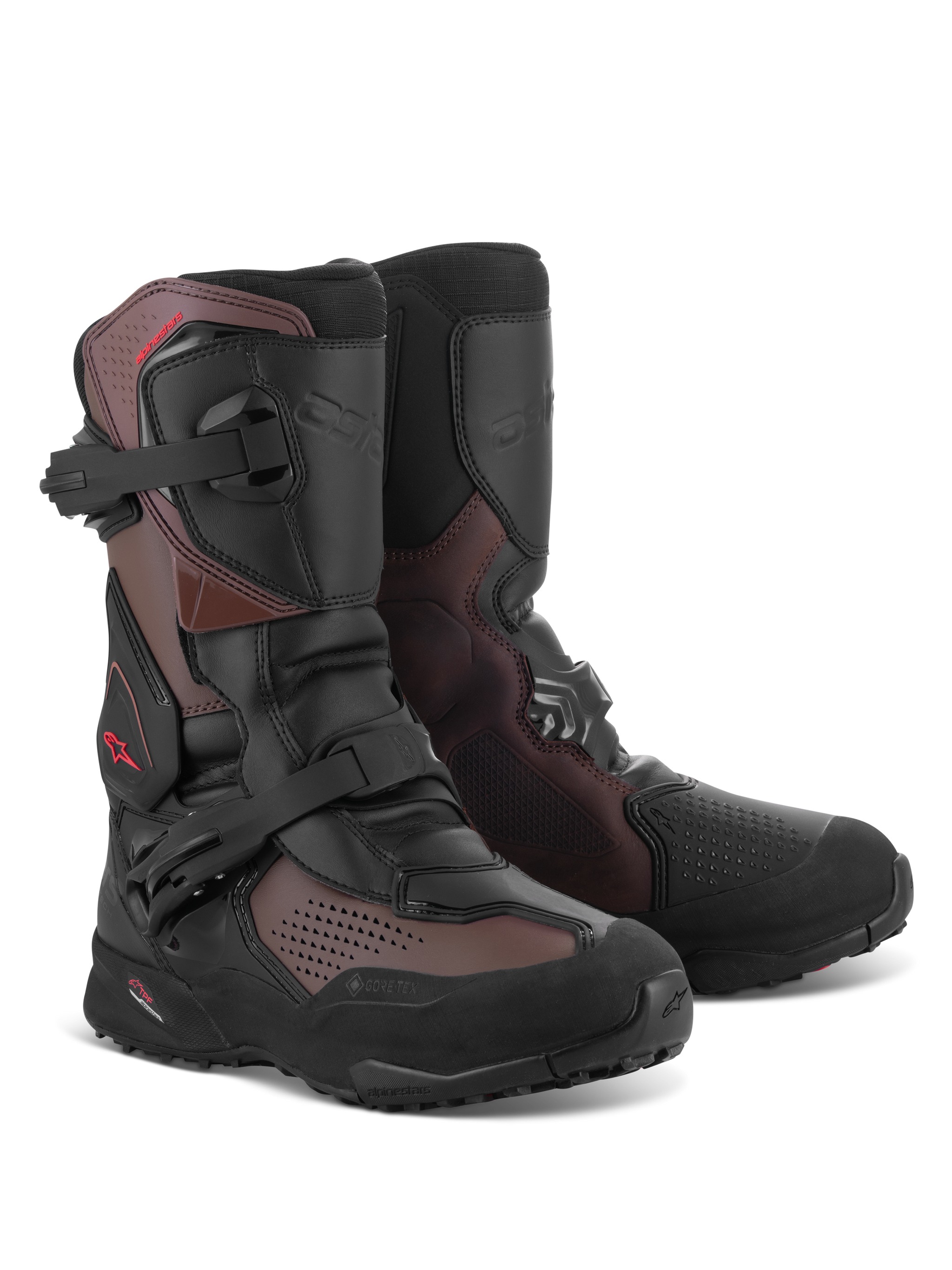 Alpinestars XT-8 GORE-TEX Boots, Adventure Enduro Boots, Black and Brown, featuring a double buckle closure system, rugged off-road design, GORE-TEX branding, and a durable lugged outsole.