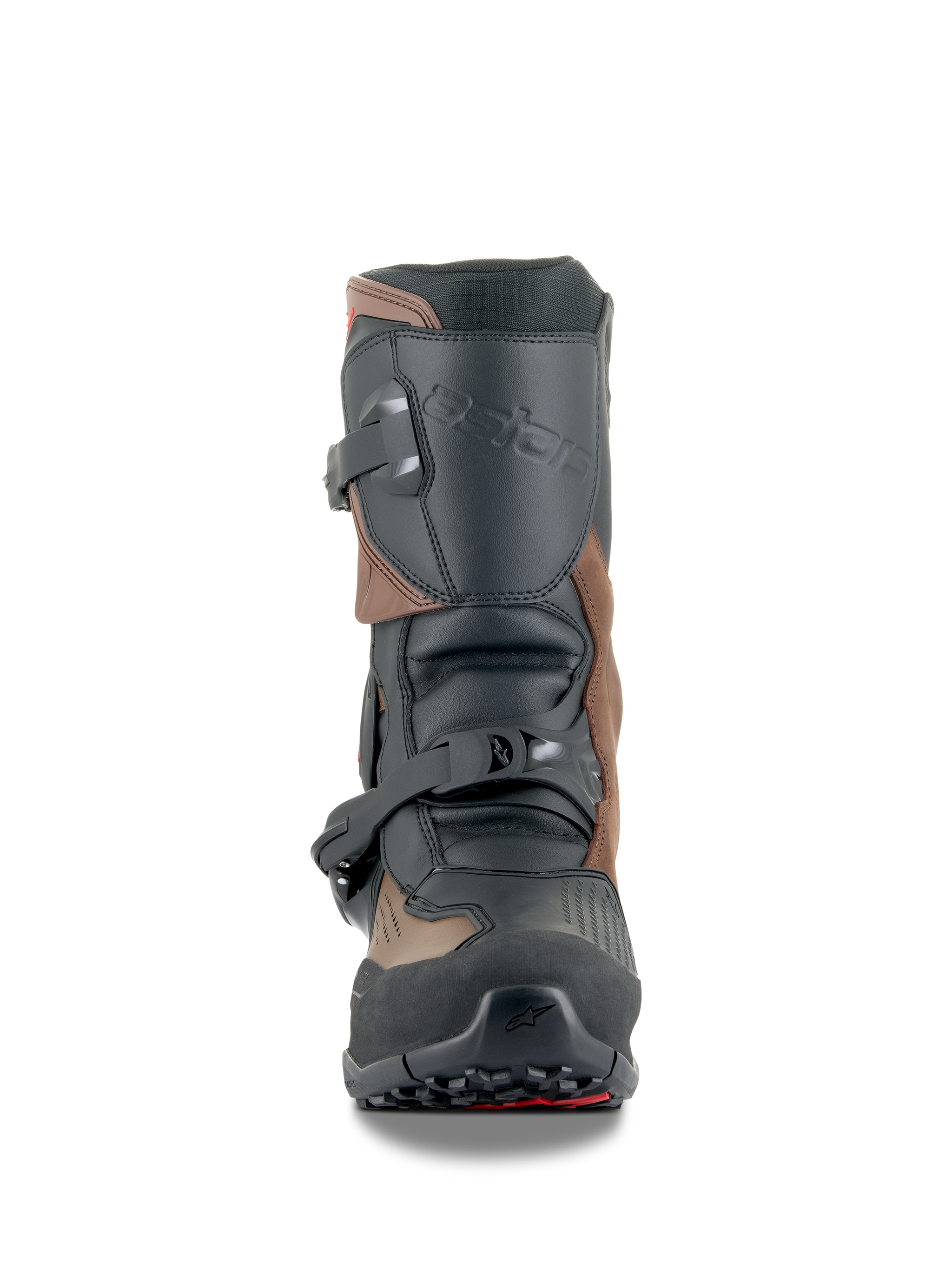 Alpinestars XT-8 GORE-TEX Boots, Adventure Enduro Motorcycle Boots, Black and Brown, front view showing double buckle closure and rugged lugged sole, waterproof design for off-road touring