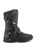 Alpinestars XT-8 GORE-TEX Boots, Black Adventure Enduro Motorcycle Boots, side profile, two buckle fastening system, protective TPU panels, red Alpinestars star logo, rugged lug outsole, waterproof and breathable GORE-TEX membrane