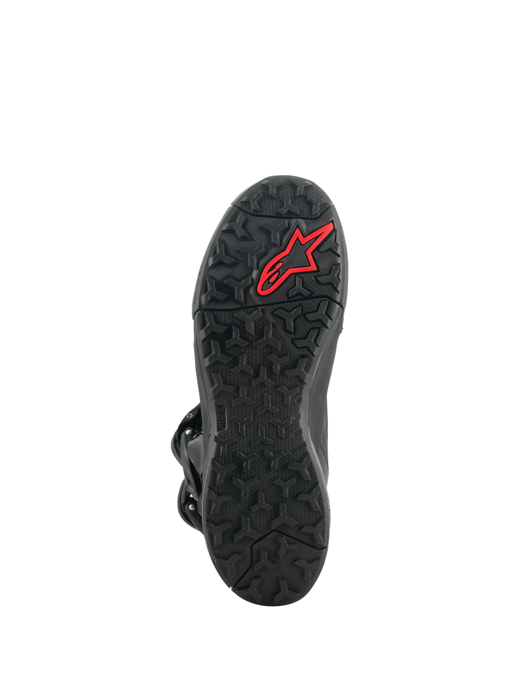 Alpinestars XT-8 GORE-TEX Boots, Adventure Enduro Boots, outsole view, black rubber with an aggressive lug pattern and a red Alpinestars logo, optimized for off-road grip and durability