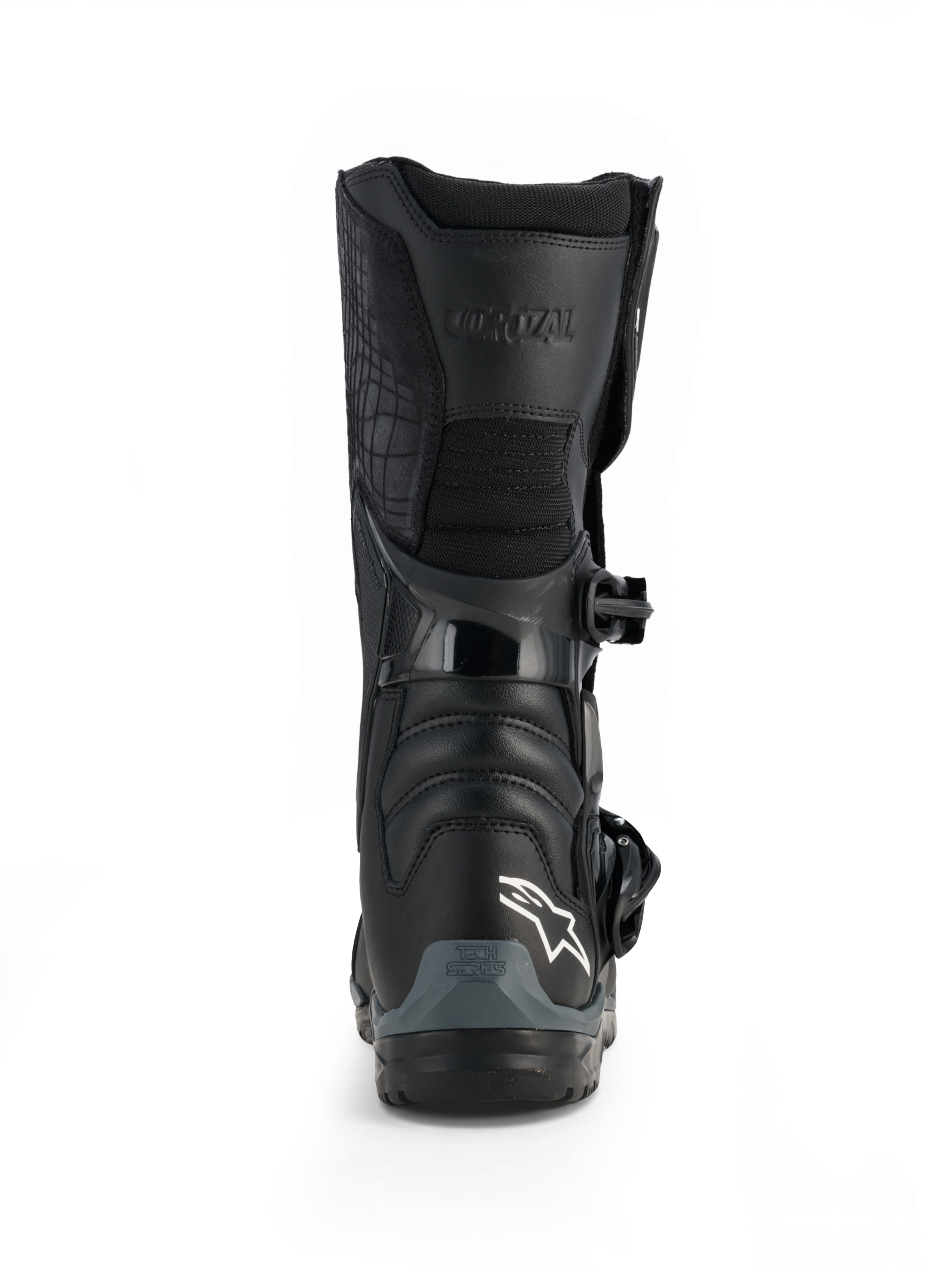 Alpinestars Corozal V2 Adventure Drystar® Stiefel, schwarze wasserdichte Motorrad-Adventurestiefel mit Schienbeinplatte, Schnallenverschluss und All-Terrain-Sohle, Vorderansicht
