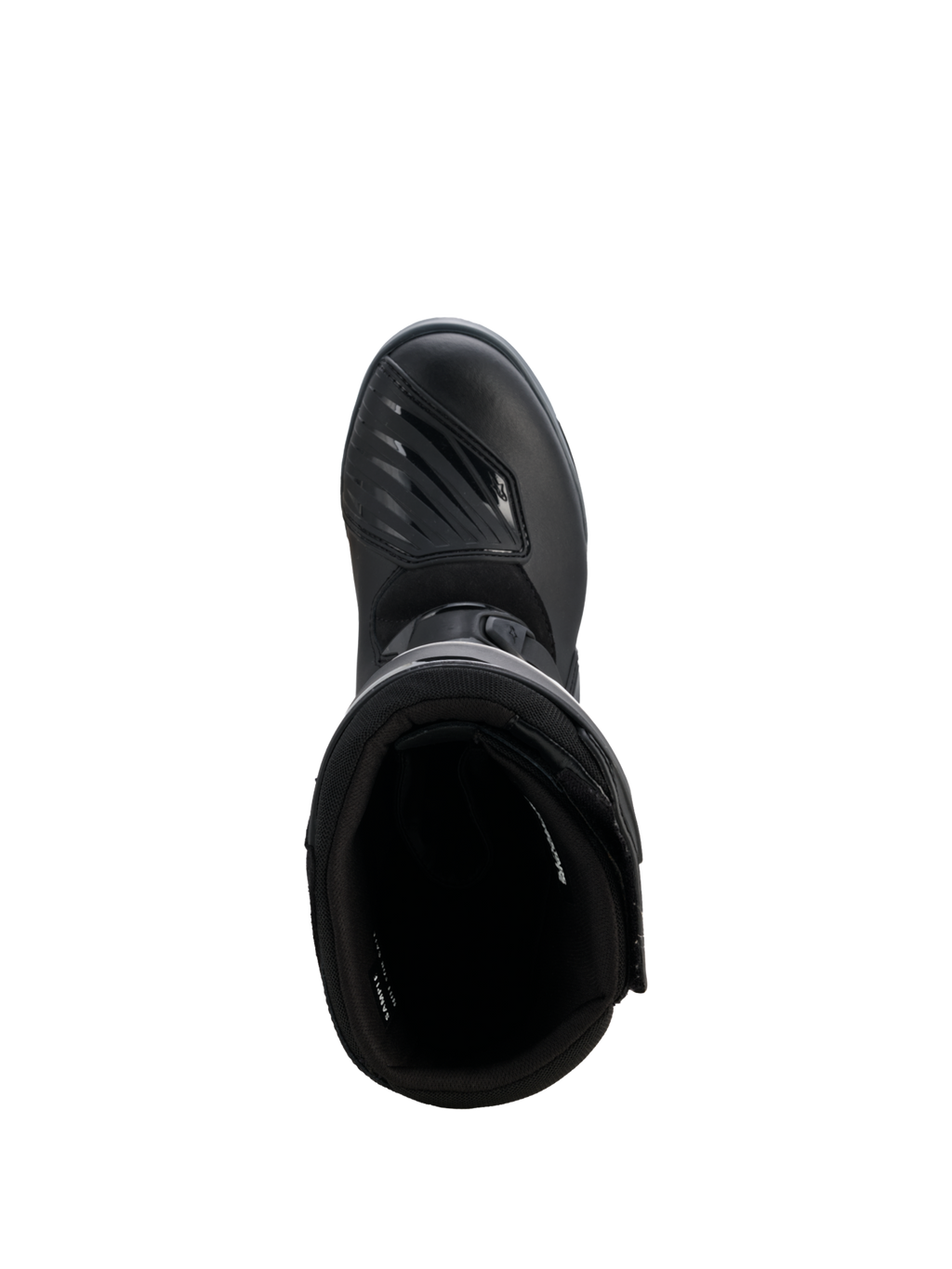 Alpinestars Corozal V2 Adventure Drystar® Stiefel, schwarzer Adventure-Motorradstiefel aus der Draufsicht mit strukturiertem Schaltpolster und hoch geschnittenem Schutzdesign