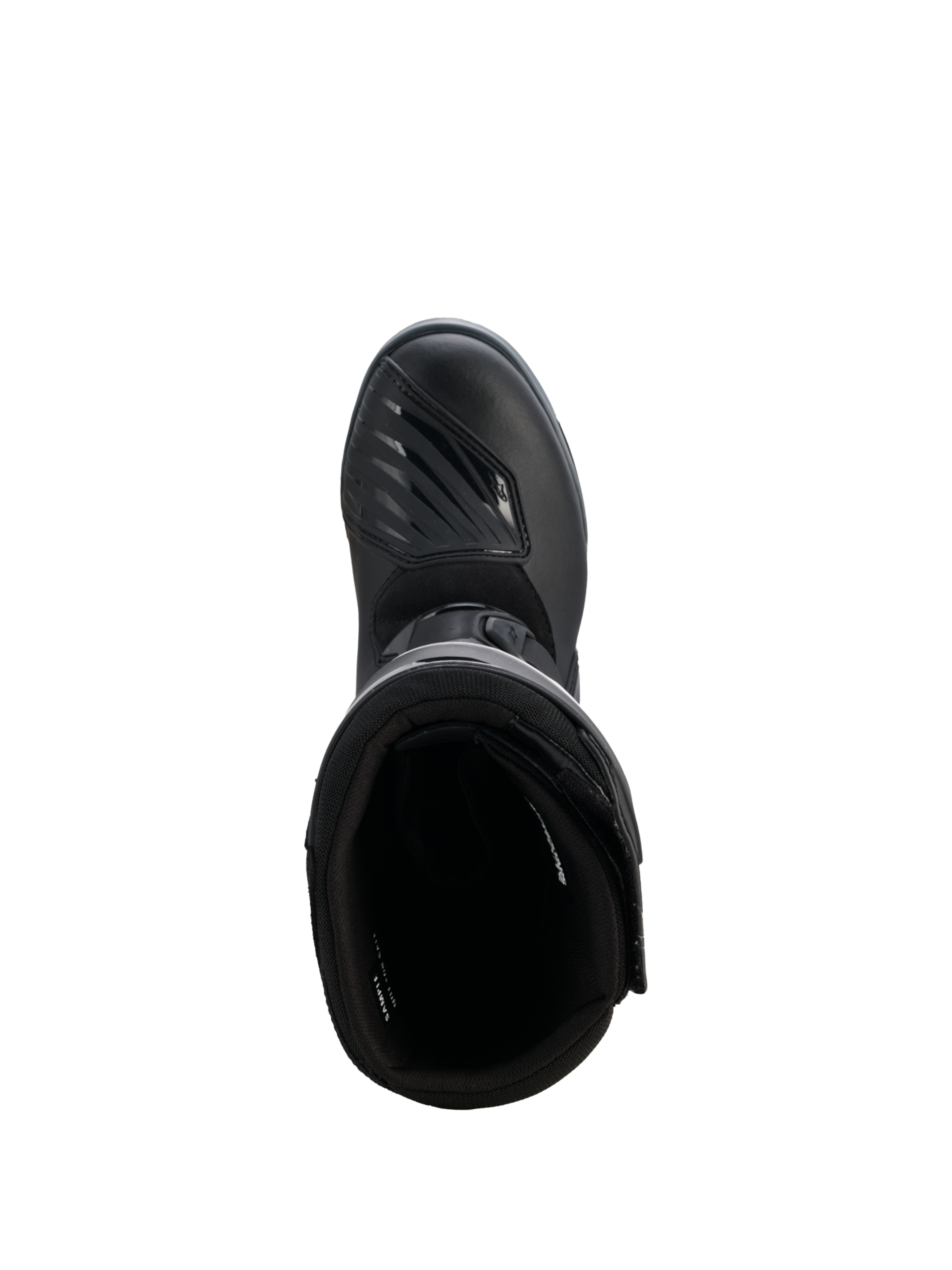 Alpinestars Corozal V2 Adventure Drystar® Stiefel, schwarzer Adventure-Motorradstiefel aus der Draufsicht mit strukturiertem Schaltpolster und hoch geschnittenem Schutzdesign