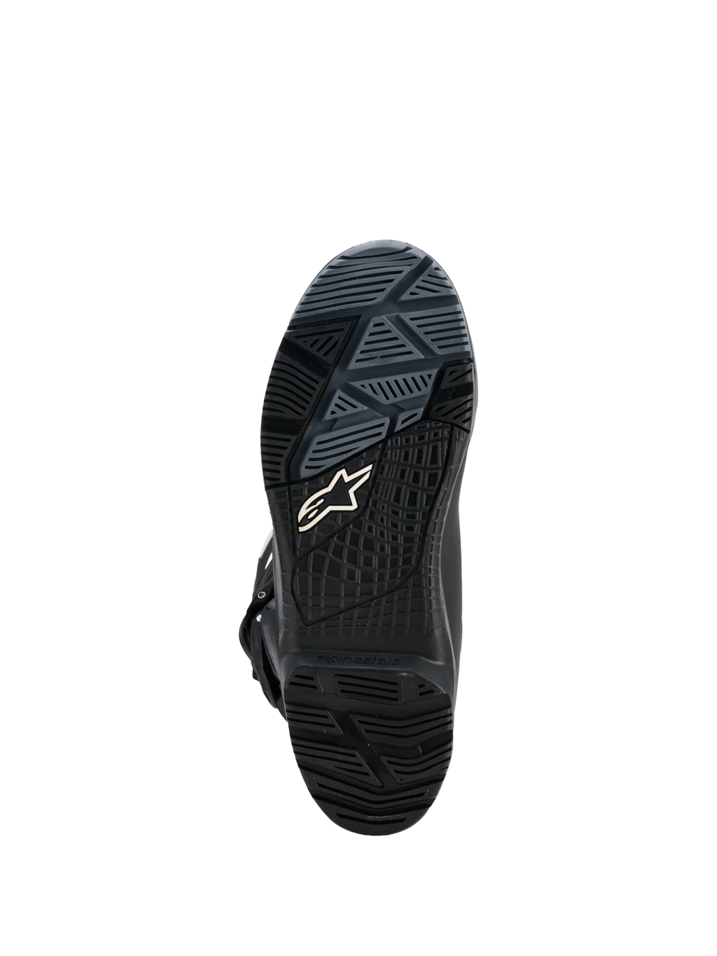 Alpinestars Corozal V2 Adventure Drystar® Stiefel, Nahaufnahme der schwarzen Außensohle eines Motorrad-Adventure-Stiefels mit geländetauglichem Gummiprofil und Alpinestars-Logo