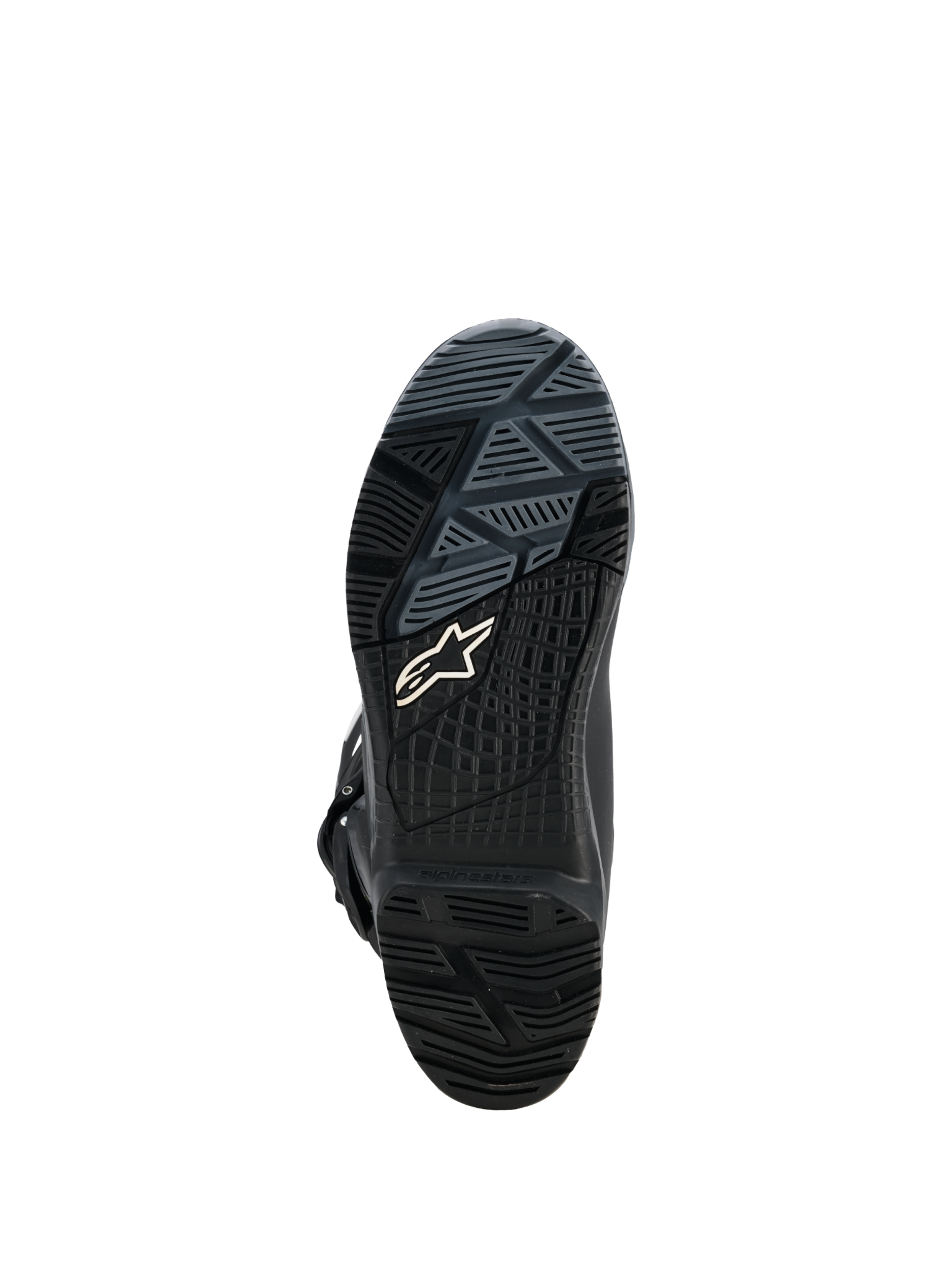 Alpinestars Corozal V2 Adventure Drystar® Stiefel, Nahaufnahme der schwarzen Außensohle eines Motorrad-Adventure-Stiefels mit geländetauglichem Gummiprofil und Alpinestars-Logo