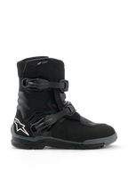 Alpinestars Belize V2 Drystar® Boots, Black Motorcycle Boots, side profile view featuring two adjustable buckle closures, white Alpinestars star logo on the heel, rugged off-road sole, and waterproof design for adventure riding