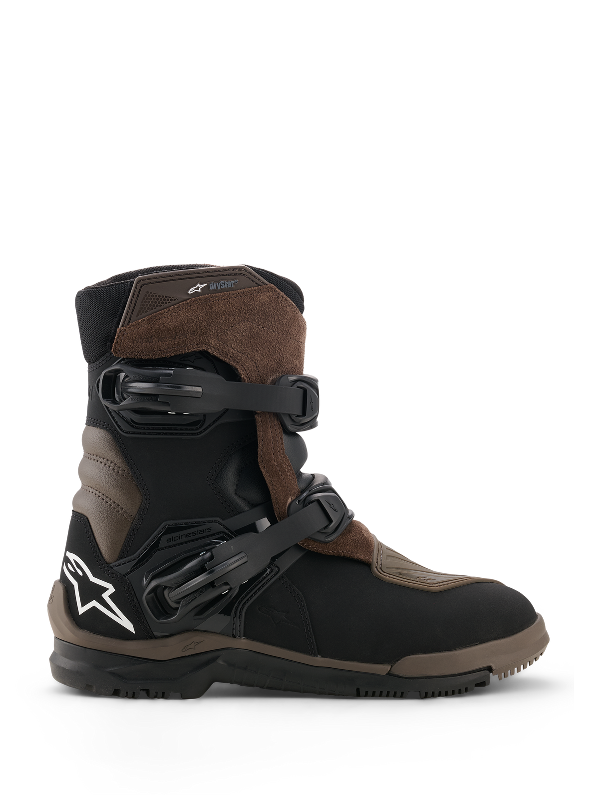 Alpinestars Belize V2 Drystar Stiefel, Motorrad Adventure-Touring-Stiefel, Braun und Schwarz, wasserdichte Wildleder- und Lederkonstruktion, zwei verstellbare Schnellverschlussschnallen, strukturierte vulkanisierte Offroad-Gummisohle, mit weißem Stern-Logo an der Ferse