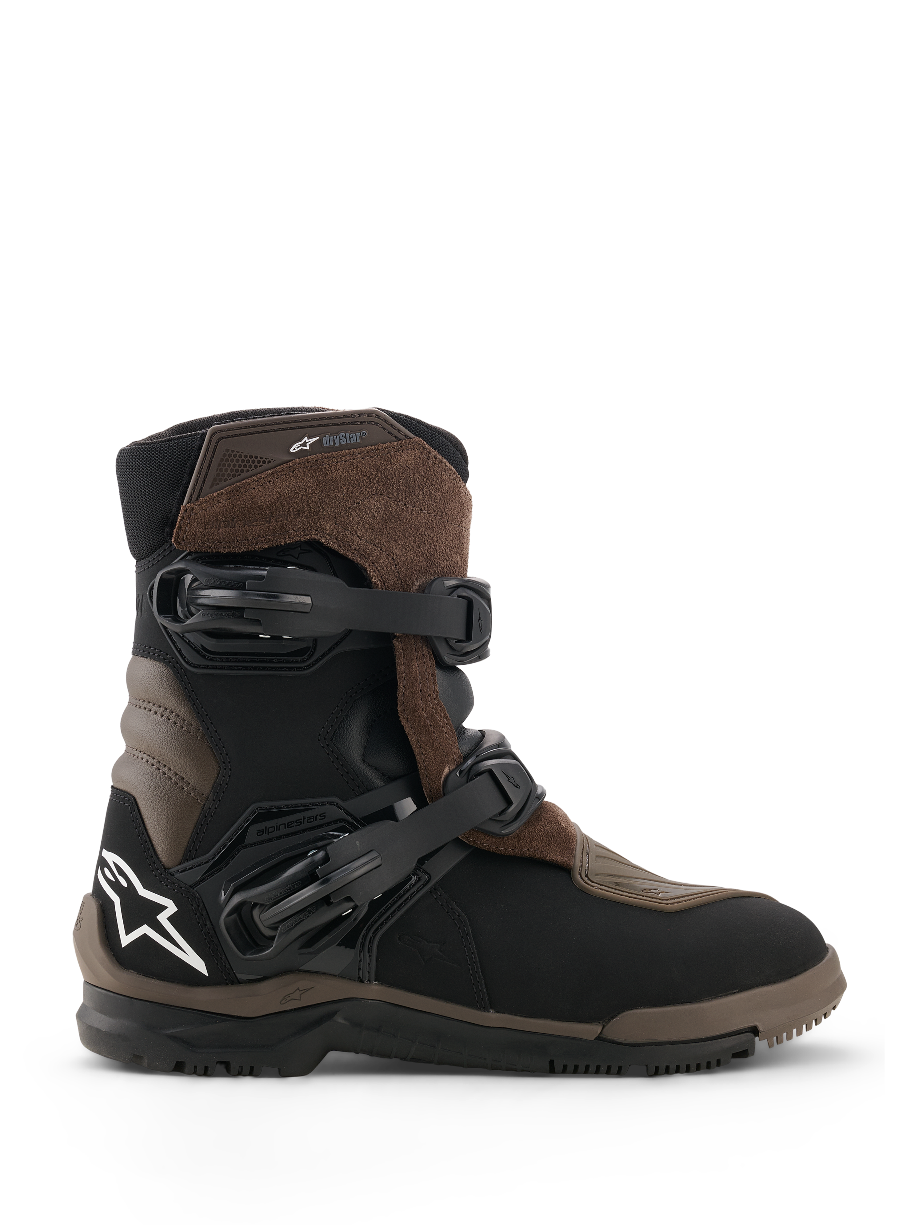 Alpinestars Belize V2 Drystar Stiefel, Motorrad Adventure-Touring-Stiefel, Braun und Schwarz, wasserdichte Wildleder- und Lederkonstruktion, zwei verstellbare Schnellverschlussschnallen, strukturierte vulkanisierte Offroad-Gummisohle, mit weißem Stern-Logo an der Ferse