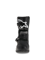 Alpinestars Belize Drystar® Boots, Adventure Touring Motorcycle Boots, Black, front view featuring TPU shin plate with large white logo, dual buckle closure system, and rugged vulcanized outsole