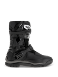 Alpinestars Belize Drystar Boots, Black Adventure Touring Boots, featuring a mid-height design with dual adjustable buckles, rugged textured outsole for grip, reinforced protection panels, white logo on the shin, waterproof motorcycle footwear