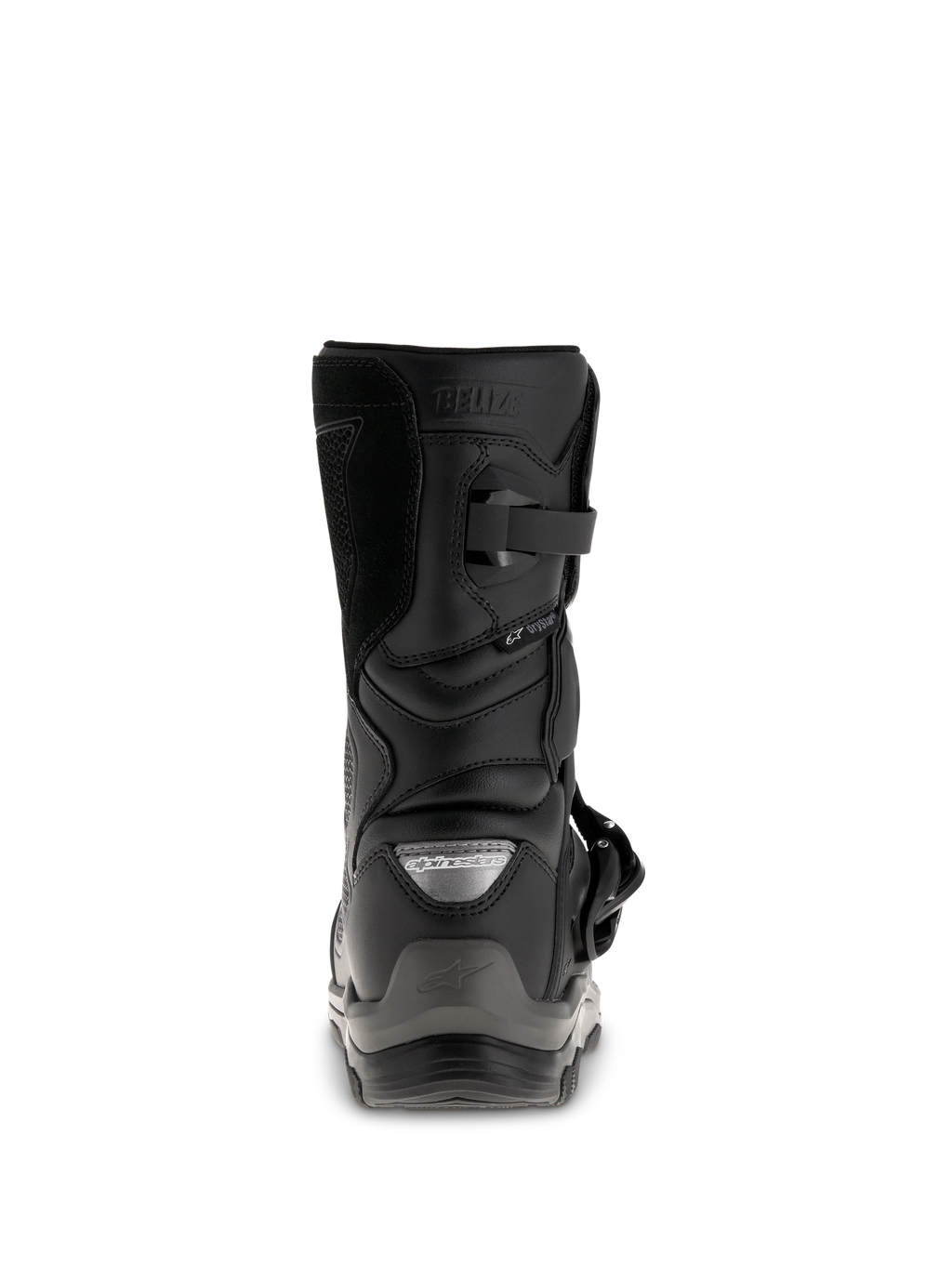Alpinestars Belize Drystar® Boots, Black adventure touring motorcycle boots, rear view showing the heel counter, buckle closure, and waterproof Drystar® branding.