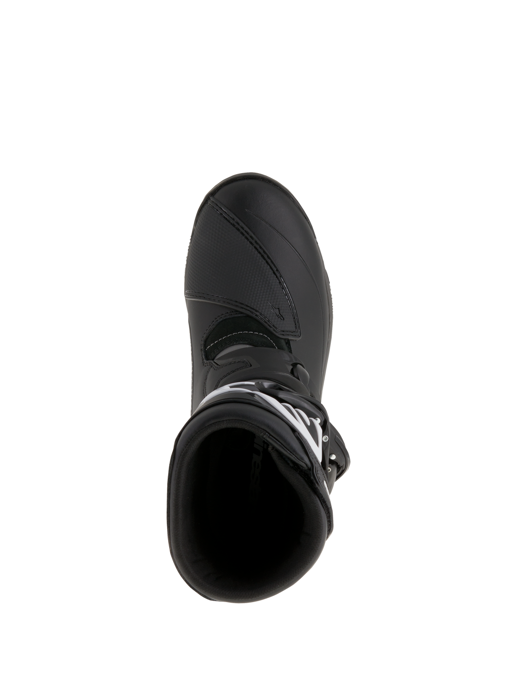 Alpinestars Belize Drystar® Boots, Adventure Touring Motorcycle Boots, Black, top-down view showing the entry aperture and reinforced shift pad, waterproof leather and microfiber construction