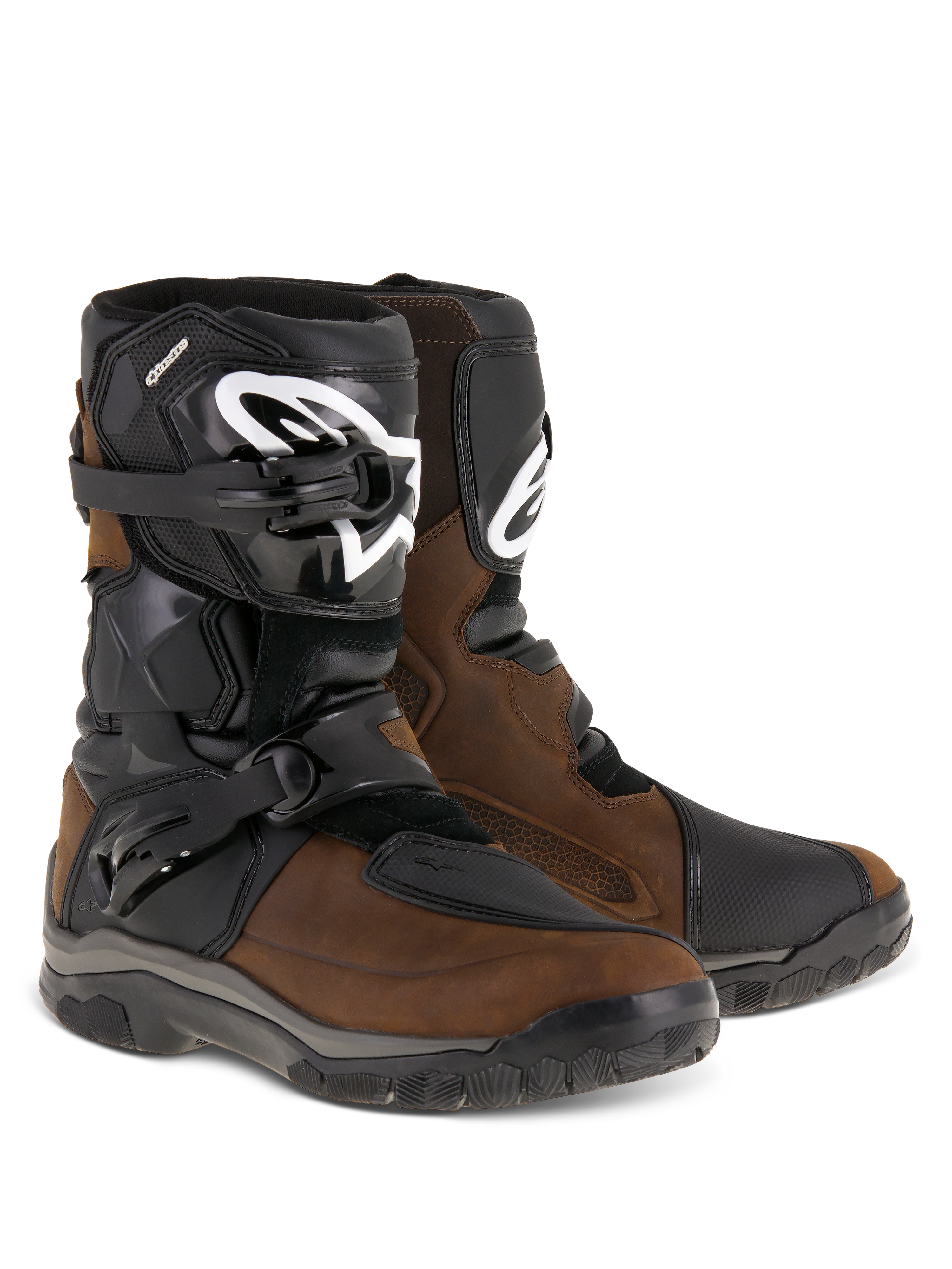 Alpinestars Belize Drystar® Boots, Adventure Touring Motorcycle Boots, Oiled Brown and Black, featuring a low-cut design with dual lateral buckles, black TPU shin plate with white Alpinestars logo, and rugged vulcanized rubber soles.