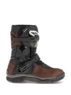 Alpinestars Belize Drystar Boots, short-calf adventure touring motorcycle boots, Oiled Brown and Black leather, features lateral flexi-blade ankle protection, two adjustable ratchet buckles, and a durable textured rubber sole.