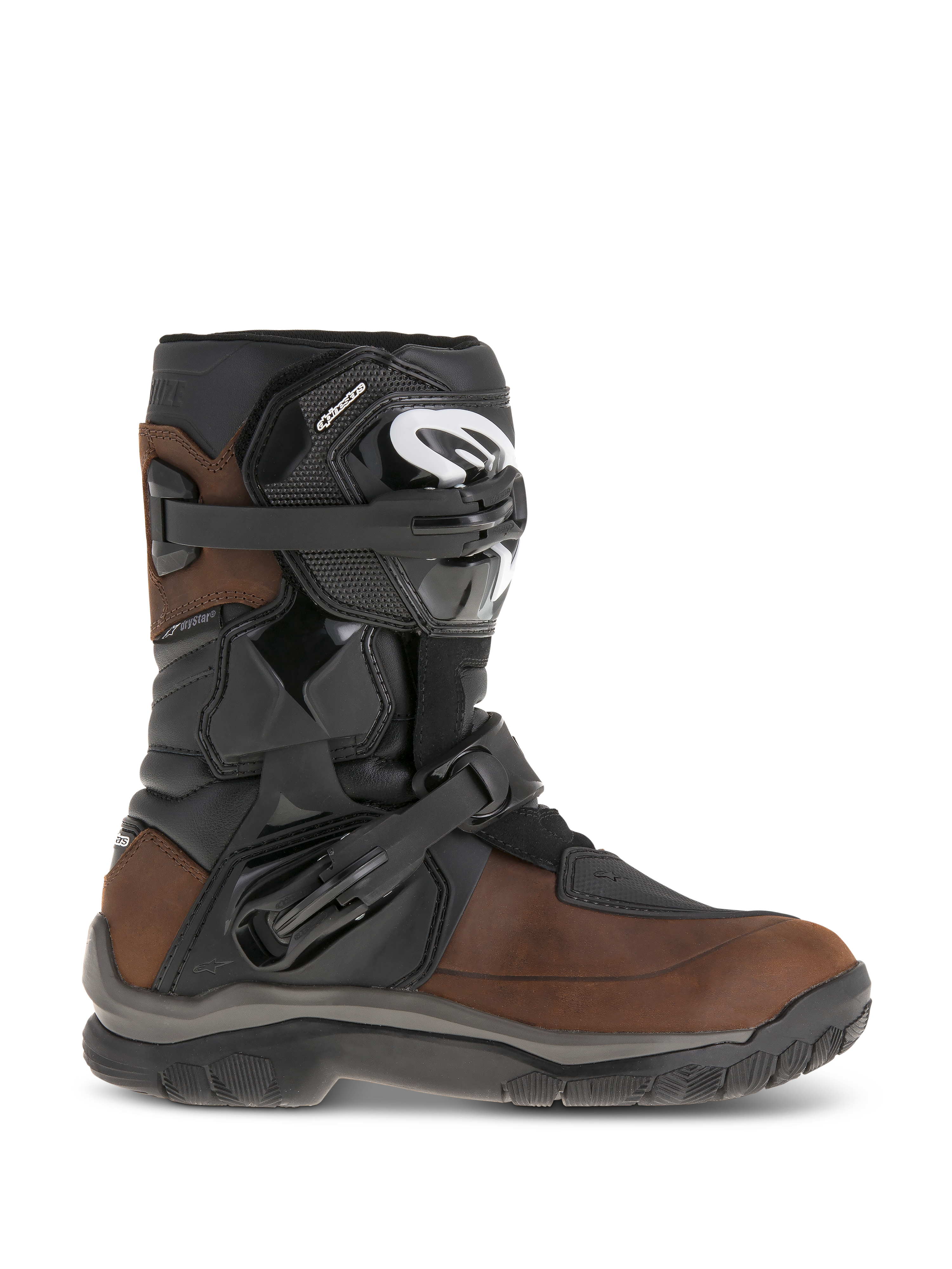 Alpinestars Belize Drystar Boots, short-calf adventure touring motorcycle boots, Oiled Brown and Black leather, features lateral flexi-blade ankle protection, two adjustable ratchet buckles, and a durable textured rubber sole.