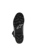 Alpinestars Belize Drystar® Boots, black vulcanized rubber outsole with rugged textured tread pattern, featuring white Alpinestars star logo, durable grip design for adventure touring