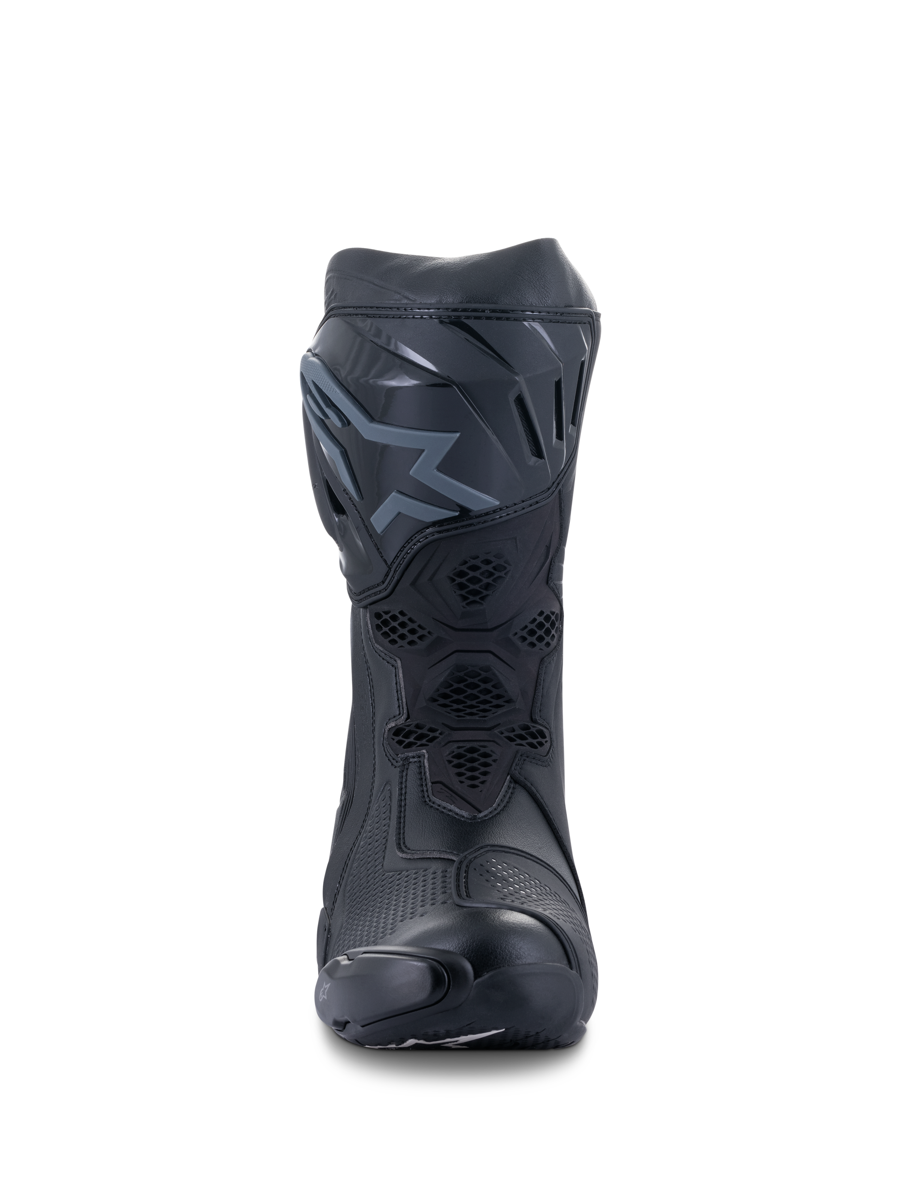 Alpinestars Supertech R Boots, Racing Motorcycle Boots, Black and Black, front view showing the TPU shin plate with logo, mesh ventilation panels, and streamlined protective construction