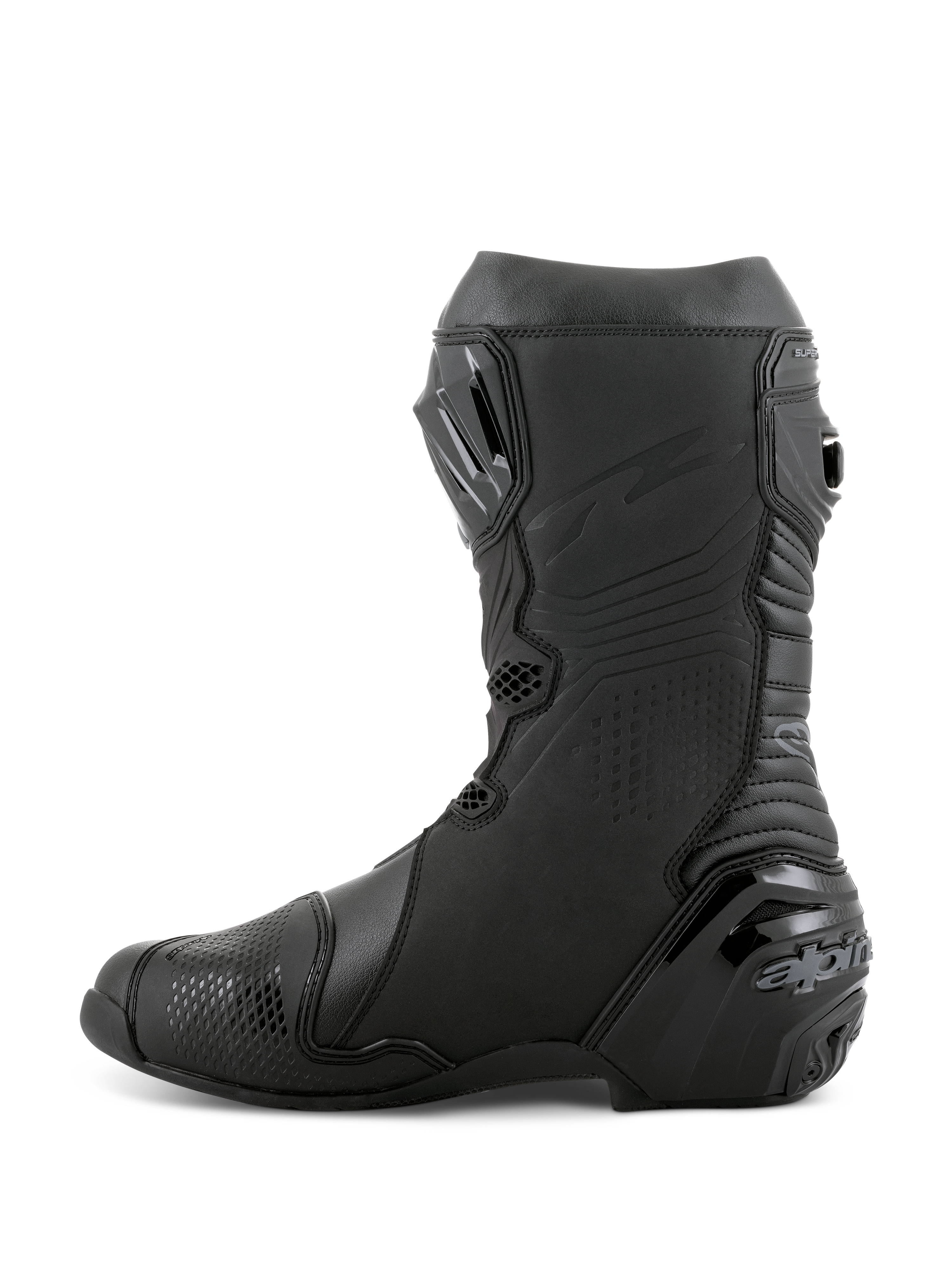 Alpinestars Supertech R Boots, Racing Motorcycle Boots, Black Black, side profile view featuring the TPU shin plate, reinforced heel protector, and accordion flex zones for natural movement, professional track and street performance footwear
