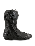 Alpinestars Supertech R Boots, High-Performance Motorcycle Racing Boots, All Black, side profile view showing TPU shin protector, replaceable toe slider, and reinforced heel, professional track-ready design