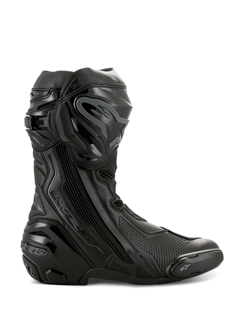Alpinestars Supertech R Stiefel, Hochleistungs-Motorradrennstiefel, Schwarz, Seitenansicht mit TPU-Schienbeinschutz, austauschbarem Zehenschleifer und verstärkter Ferse, professionelles rennstreckentaugliches Design