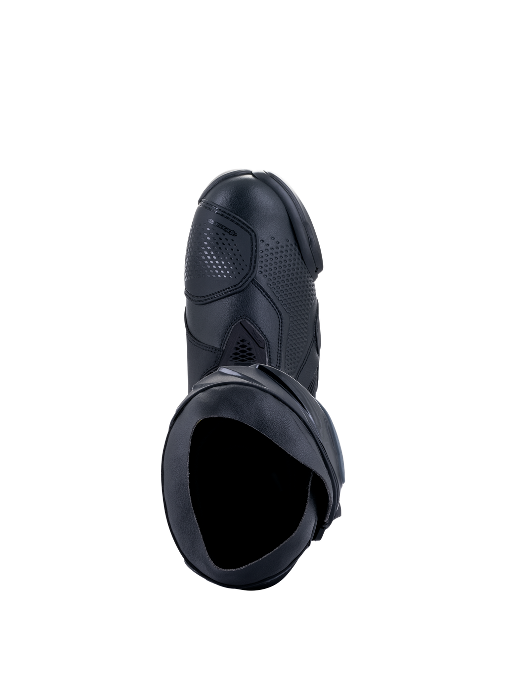 Alpinestars Supertech R Boots, Motorcycle Racing Boots, Black Black, top-down view showing the inner opening, shift pad, and textured synthetic upper, professional racing footwear design