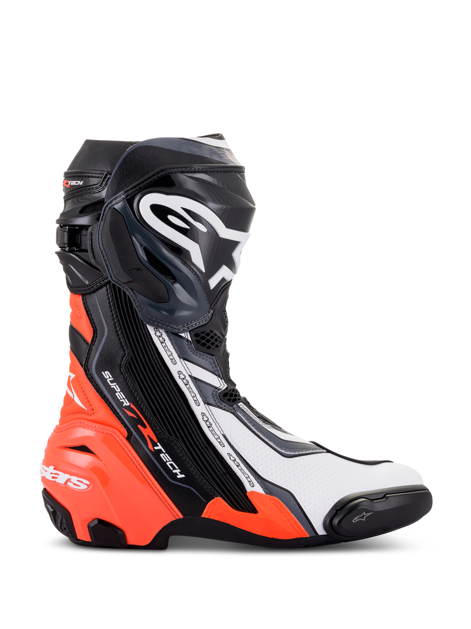 Alpinestars Supertech R Stiefel, Hochleistungs-Rennmotorradstiefel, Schwarz, Rot Fluo, Weiß und Grau, Profilansicht mit TPU-Schienbeinplatte und Zehenschleifer, aerodynamisches Design mit markantem Branding für Rennstrecke und Straße.