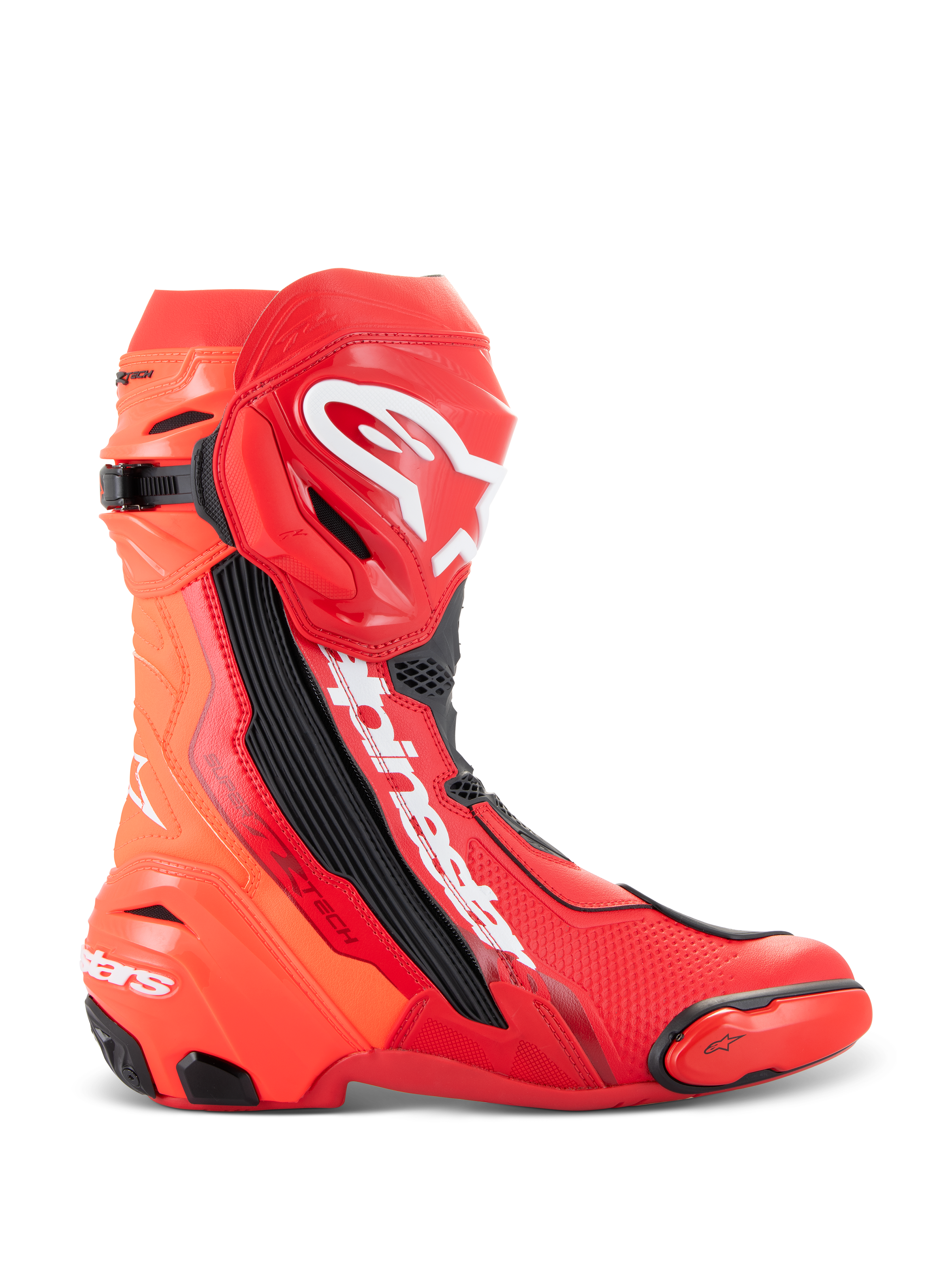 Alpinestars Supertech R Boots, Motorcycle Racing Boots, Bright Red and Red Fluo, high-performance track design featuring TPU shin plate, replaceable toe slider, and white Alpinestars logo, side profile view