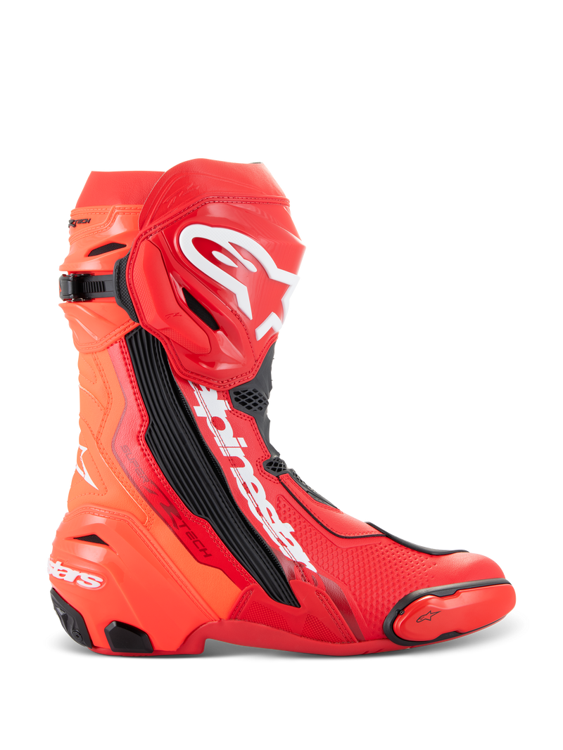 Alpinestars Supertech R Stiefel, Motorrad-Rennstiefel, Hellrot und Rot Fluo, High-Performance-Design für die Rennstrecke mit TPU-Schienbeinplatte, austauschbarem Zehenschleifer und weißem Alpinestars-Logo, Seitenansicht