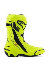 Alpinestars Supertech R Boots, Motorcycle Racing Boots, Yellow Fluo Black, side view featuring high-visibility fluorescent yellow with black protective plates, Alpinestars branding on shin and heel, sleek aerodynamic profile for high-performance riding