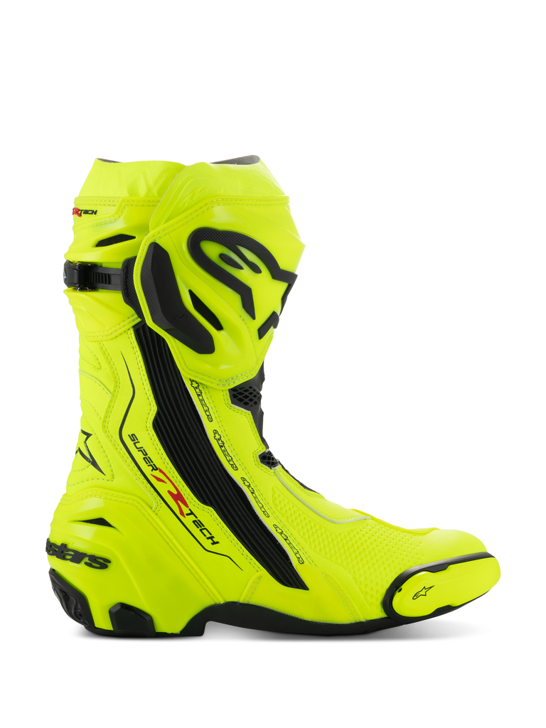 Alpinestars Supertech R Stiefel, Motorrad-Rennstiefel, Gelb Fluo Schwarz, Seitenansicht mit auffälligem fluoreszierendem Gelb und schwarzen Schutzplatten, Alpinestars-Logo auf Schienbein und Ferse, schlankes aerodynamisches Profil für den Rennsport